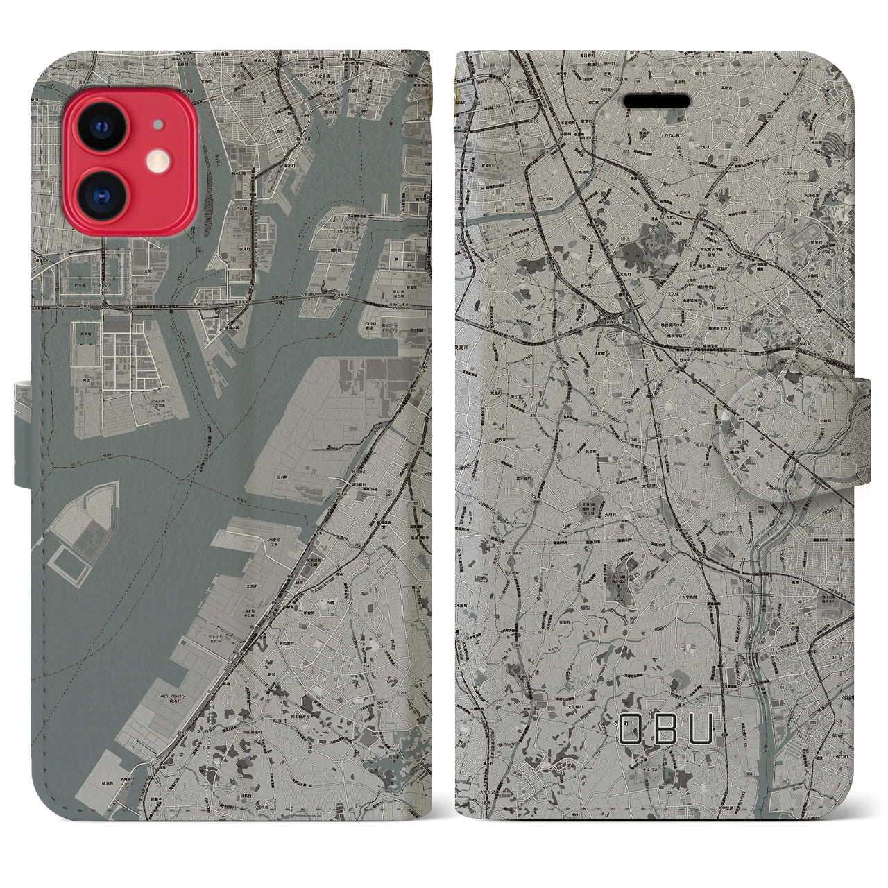 【大府(愛知県)】地図柄iPhoneケース(手帳タイプ)モノトーン・iPhone 11 用