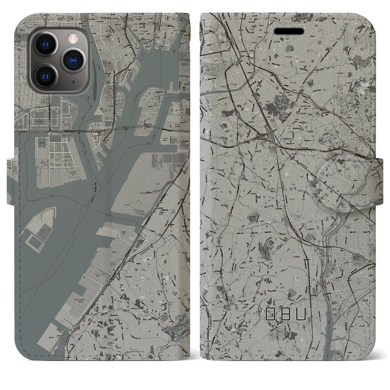 【大府(愛知県)】地図柄iPhoneケース(手帳タイプ)モノトーン・iPhone 11 Pro Max 用