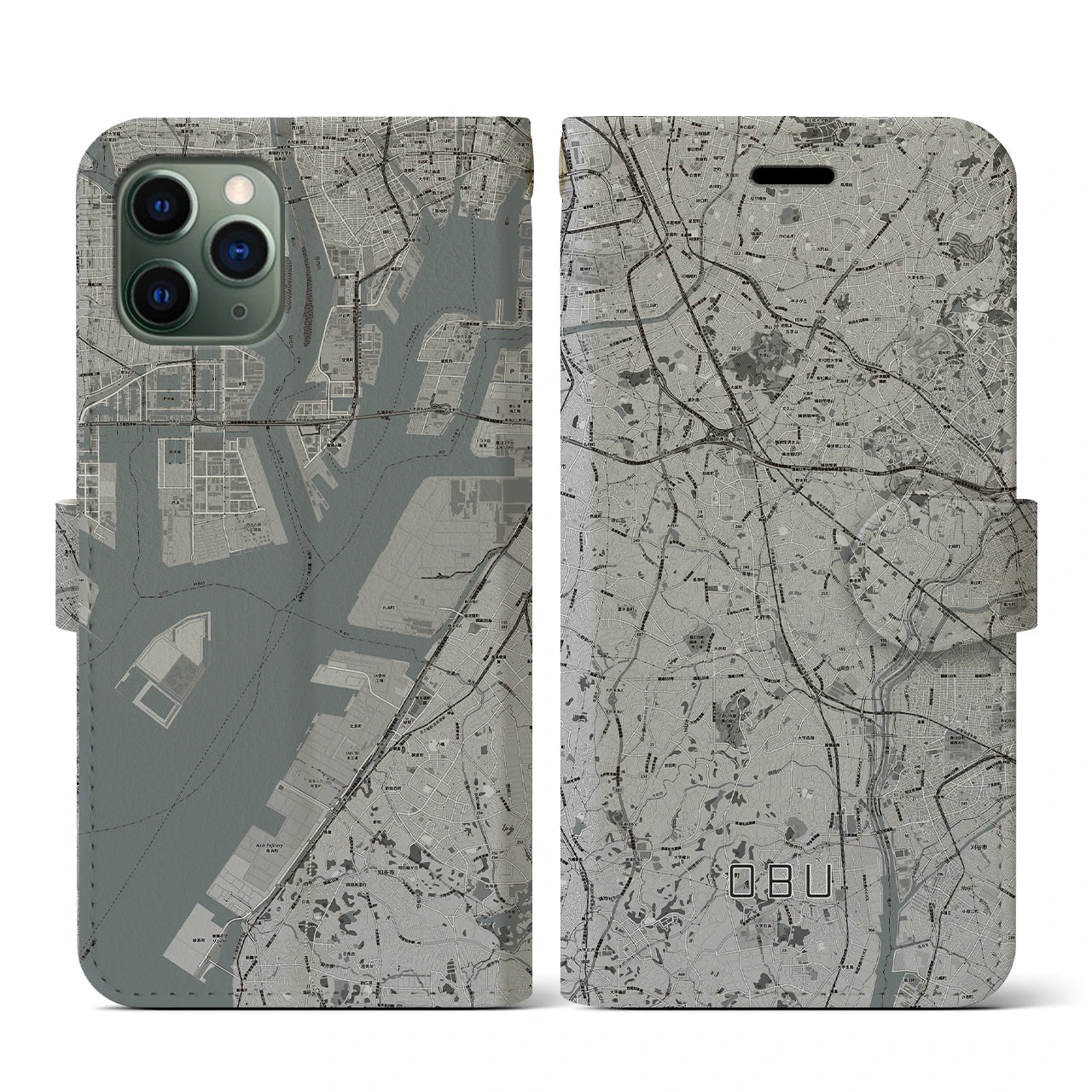 【大府(愛知県)】地図柄iPhoneケース(手帳タイプ)モノトーン・iPhone 11 Pro 用