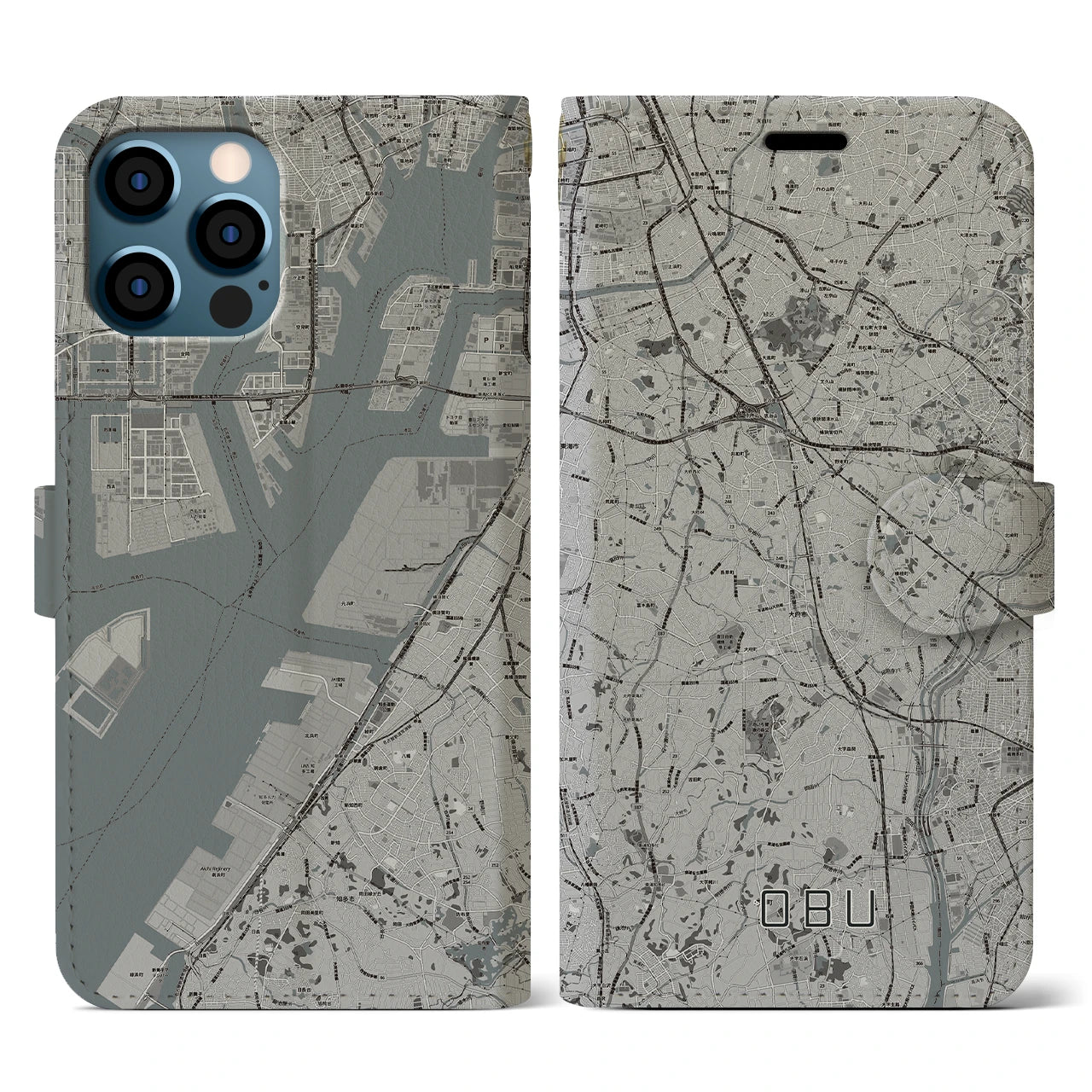 【大府(愛知県)】地図柄iPhoneケース(手帳タイプ)モノトーン・iPhone 12 / 12 Pro 用