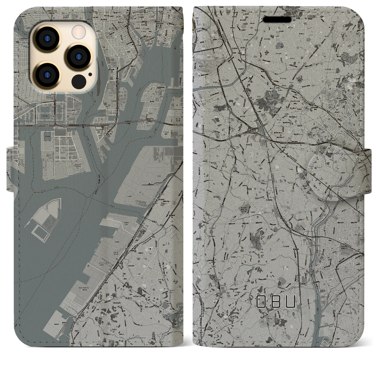 【大府(愛知県)】地図柄iPhoneケース(手帳タイプ)モノトーン・iPhone 12 Pro Max 用