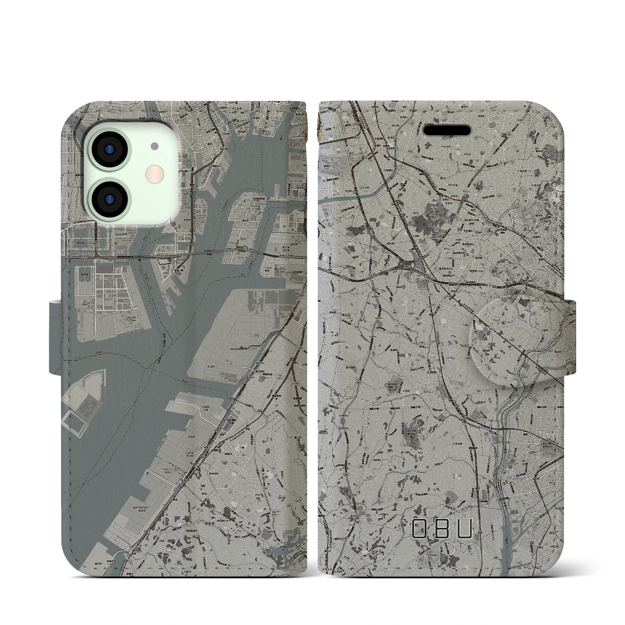 【大府(愛知県)】地図柄iPhoneケース(手帳タイプ)モノトーン・iPhone 12 mini 用