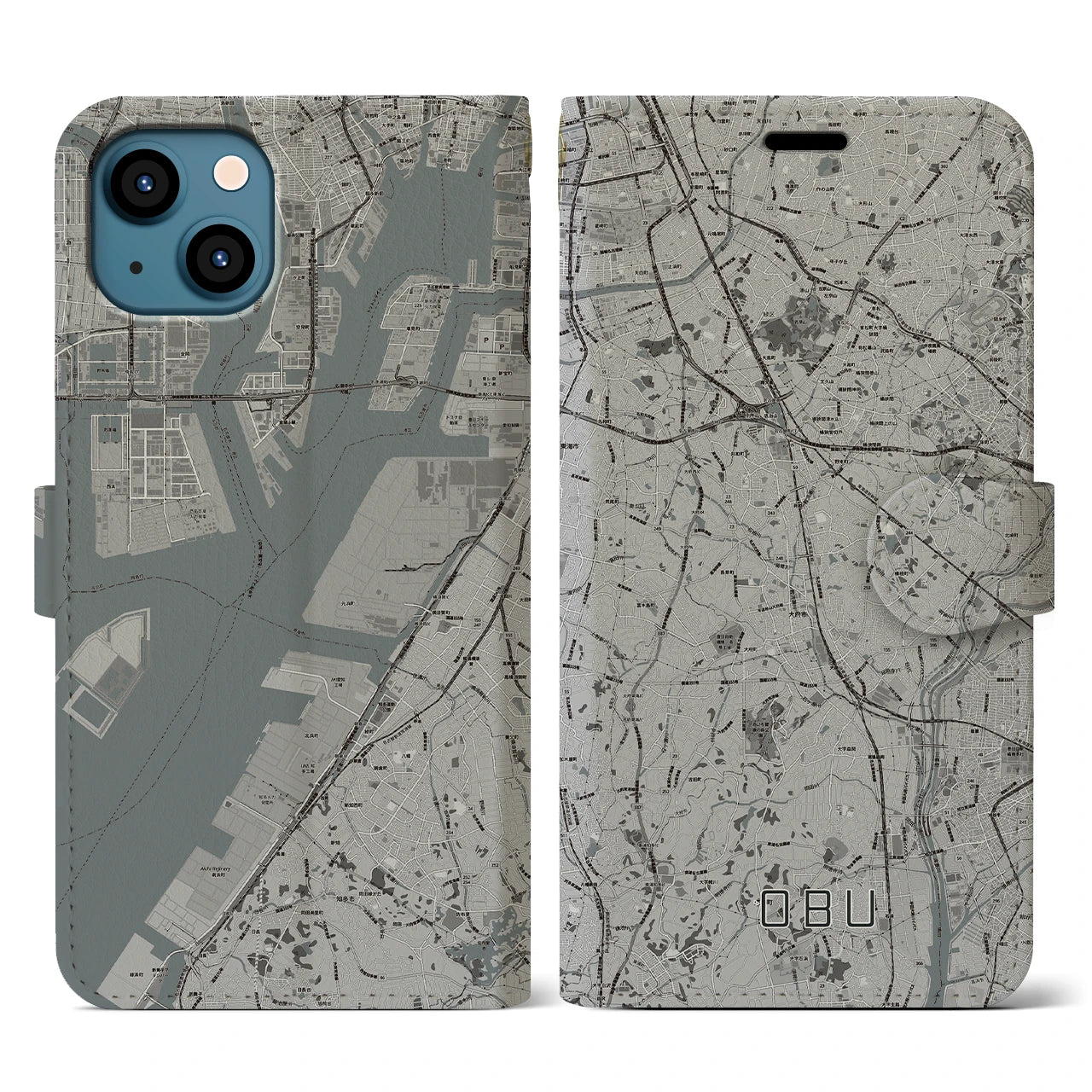 【大府(愛知県)】地図柄iPhoneケース(手帳タイプ)モノトーン・iPhone 13 用