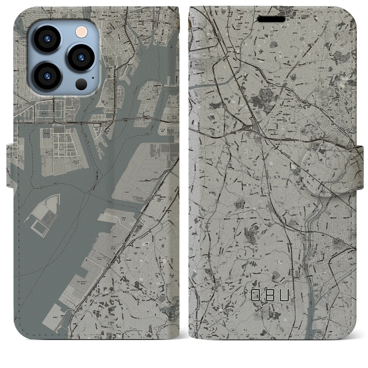 【大府(愛知県)】地図柄iPhoneケース(手帳タイプ)モノトーン・iPhone 13 Pro Max 用
