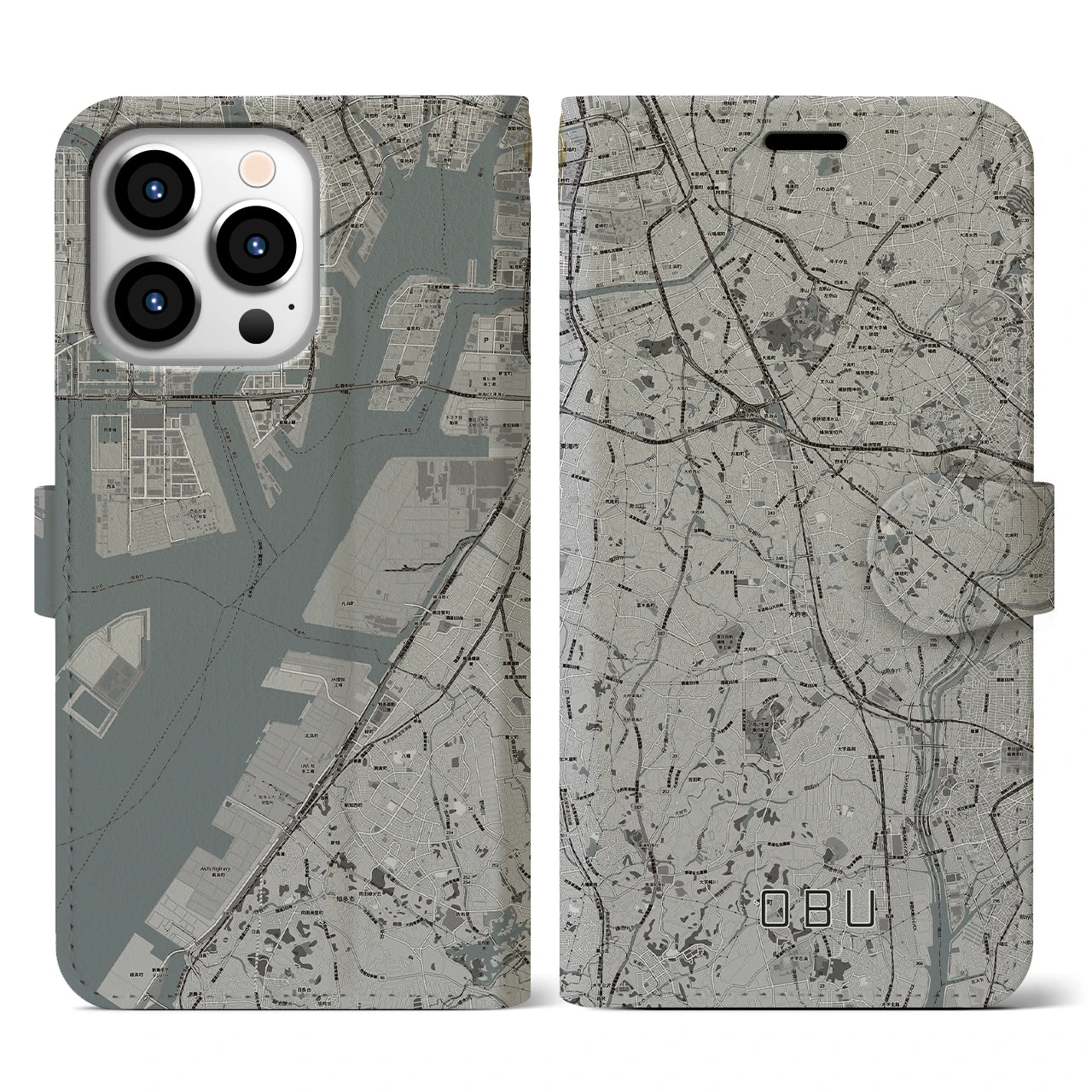 【大府(愛知県)】地図柄iPhoneケース(手帳タイプ)モノトーン・iPhone 13 Pro 用