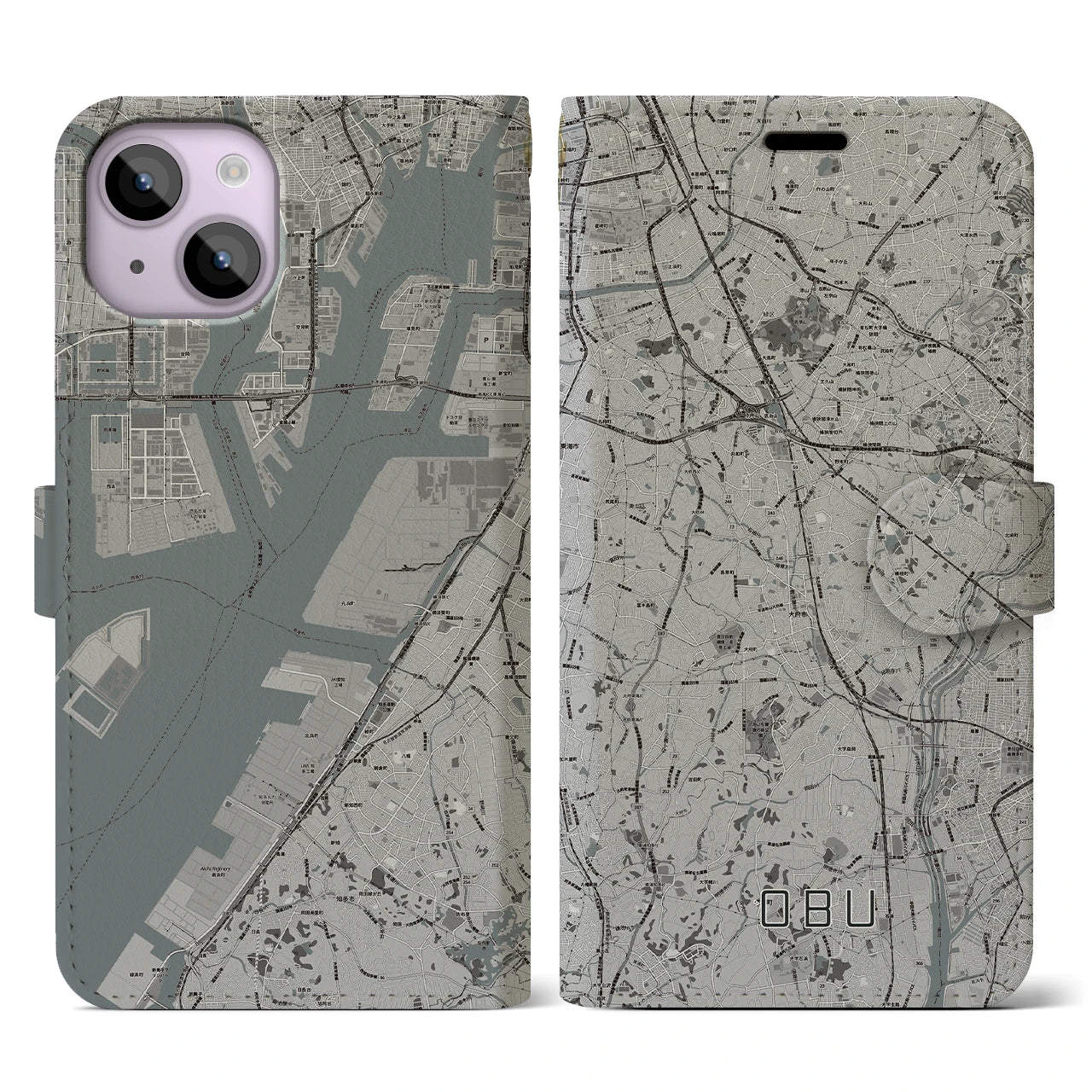 【大府(愛知県)】地図柄iPhoneケース(手帳タイプ)モノトーン・iPhone 14 用