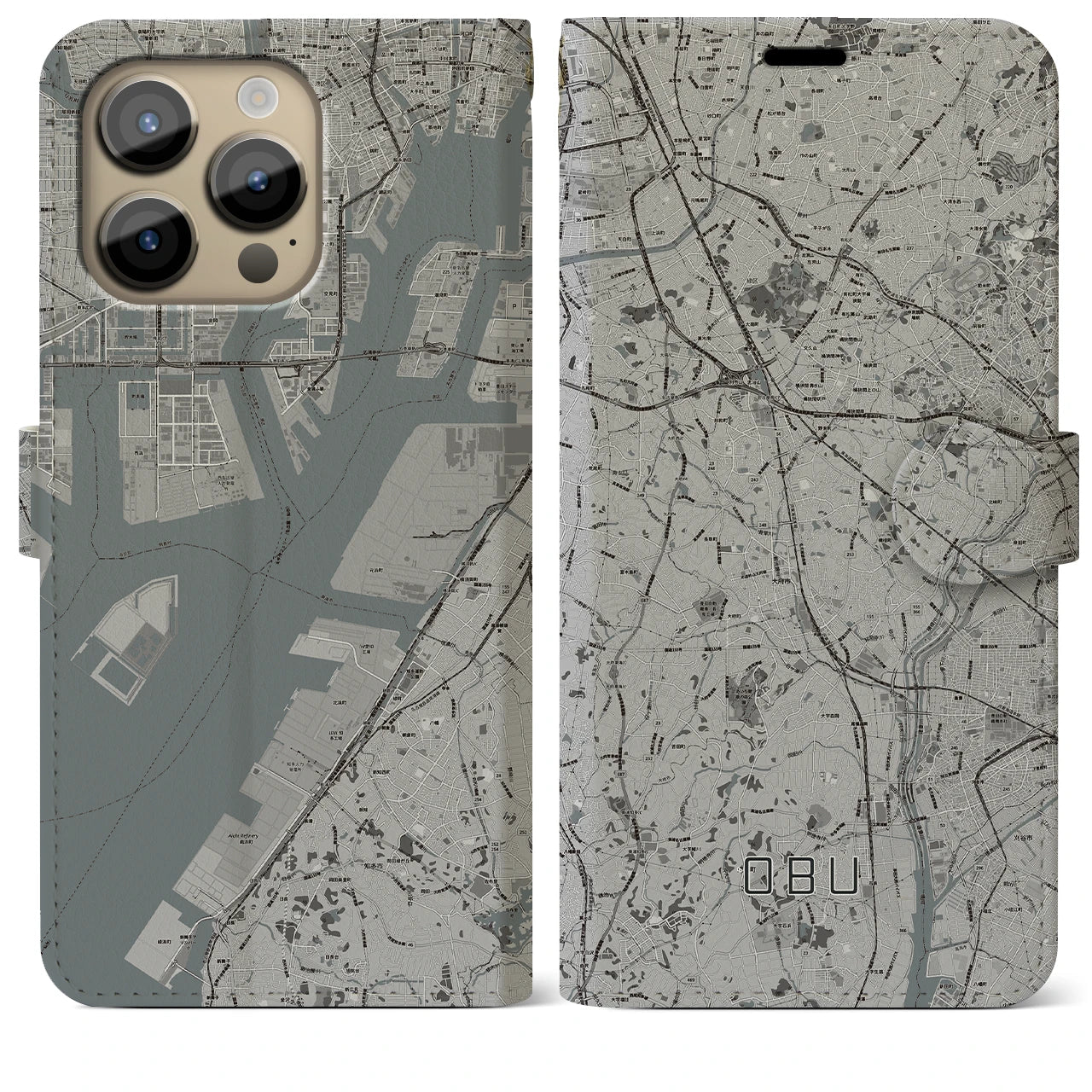 【大府(愛知県)】地図柄iPhoneケース(手帳タイプ)モノトーン・iPhone 14 Pro Max 用