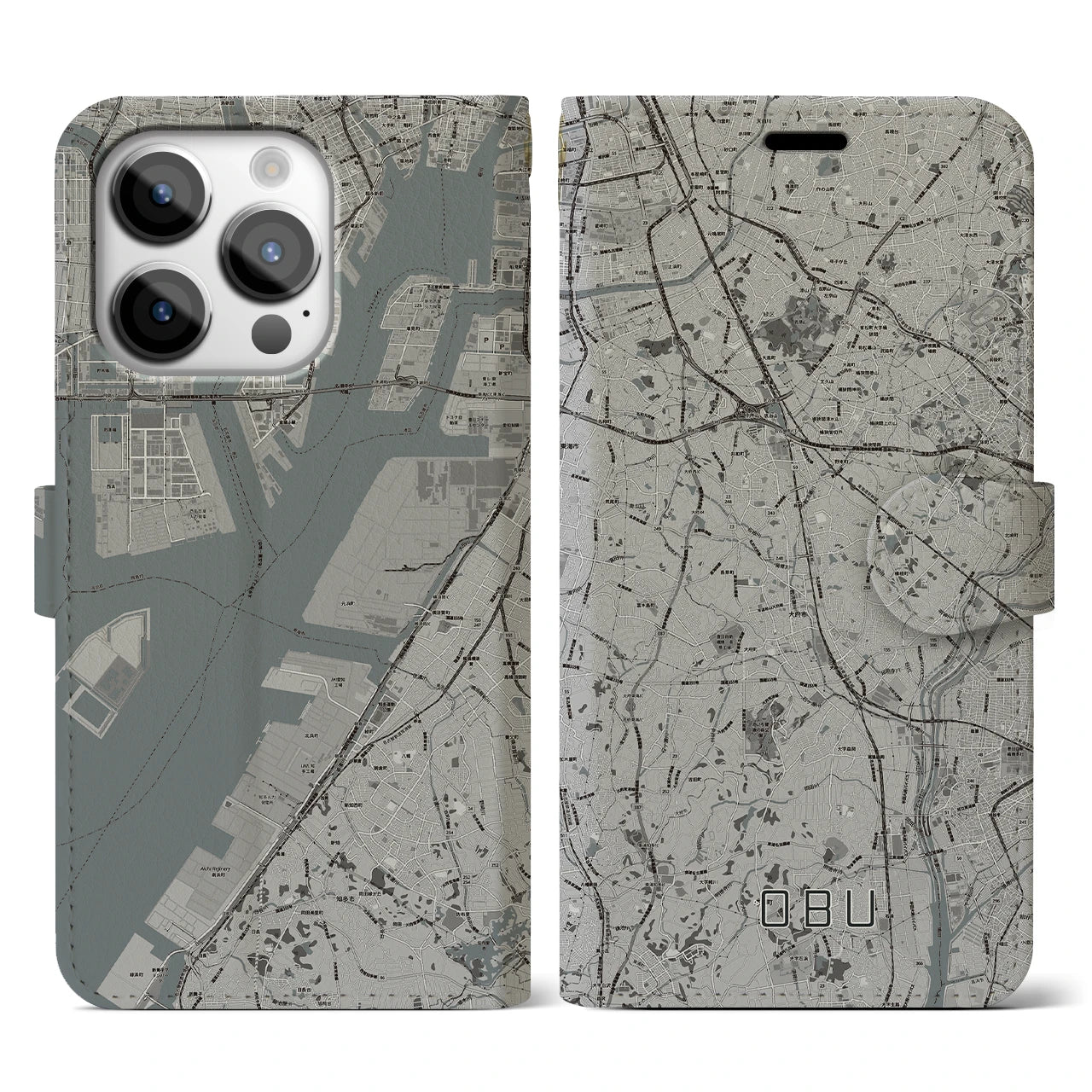 【大府(愛知県)】地図柄iPhoneケース(手帳タイプ)モノトーン・iPhone 14 Pro 用