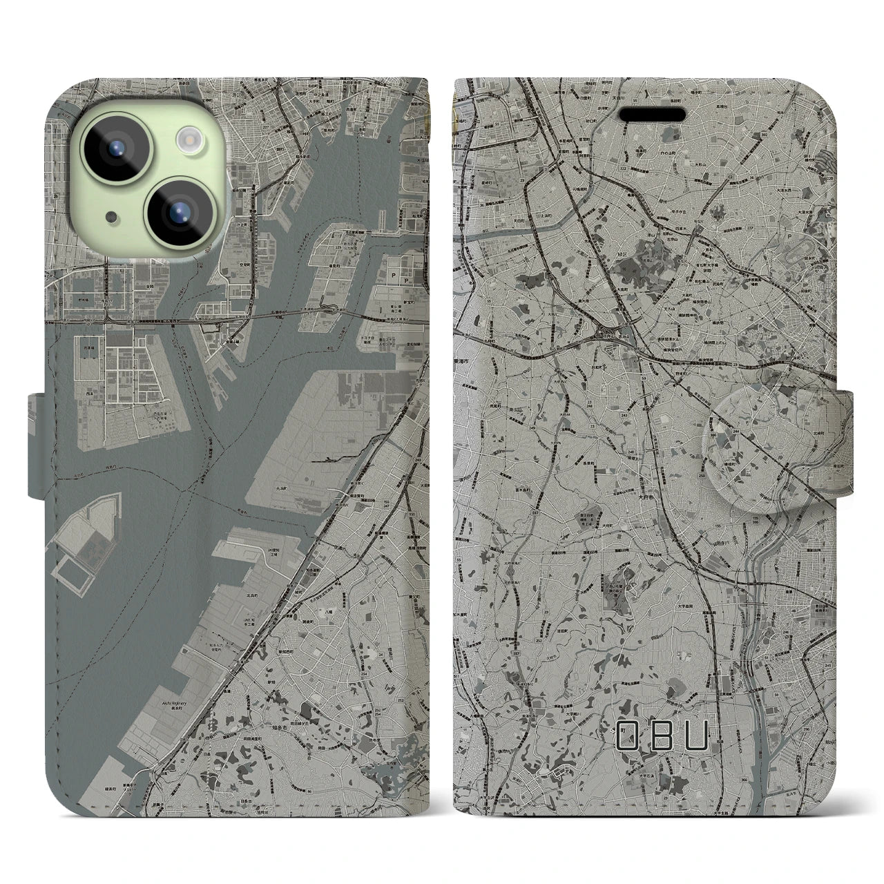 【大府(愛知県)】地図柄iPhoneケース(手帳タイプ)モノトーン・iPhone 15 用