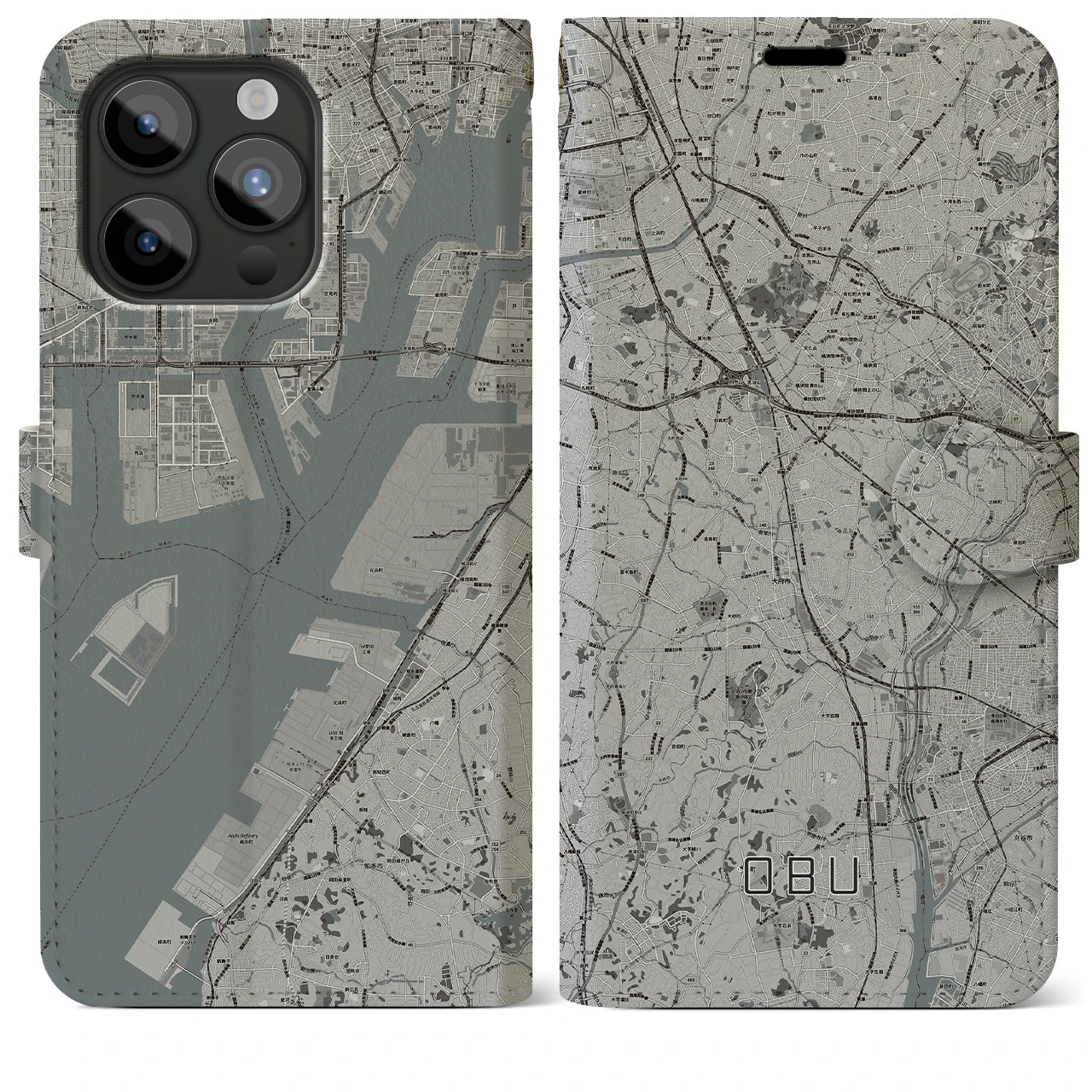 【大府(愛知県)】地図柄iPhoneケース(手帳タイプ)モノトーン・iPhone 15 Pro Max 用