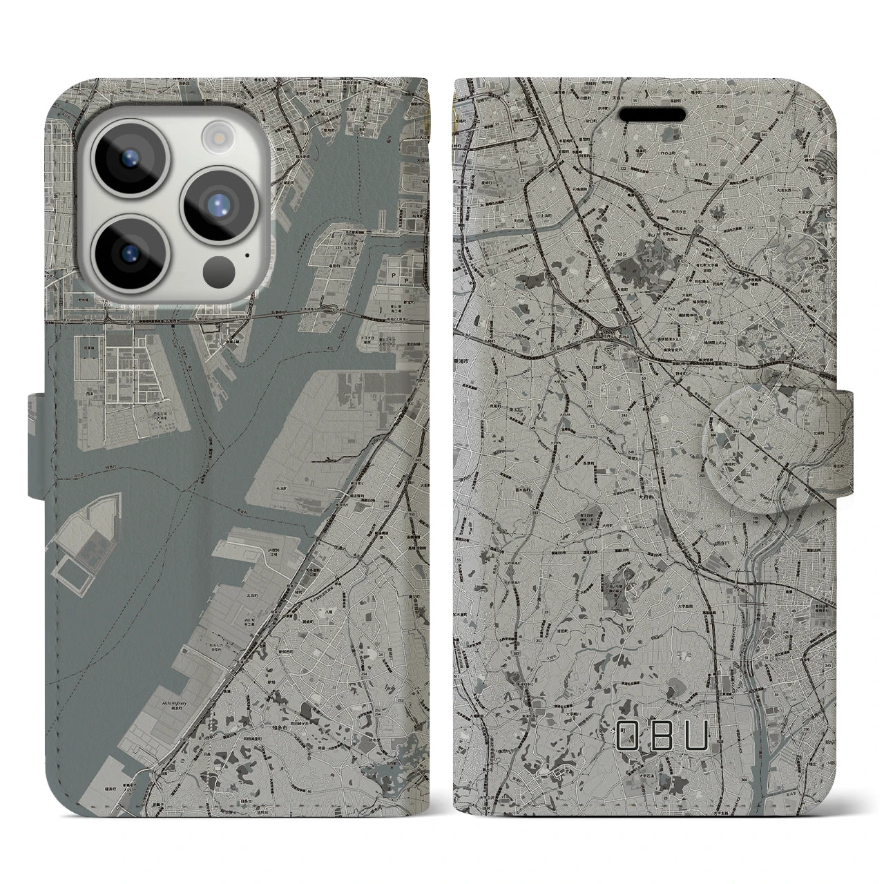 【大府(愛知県)】地図柄iPhoneケース(手帳タイプ)モノトーン・iPhone 15 Pro 用