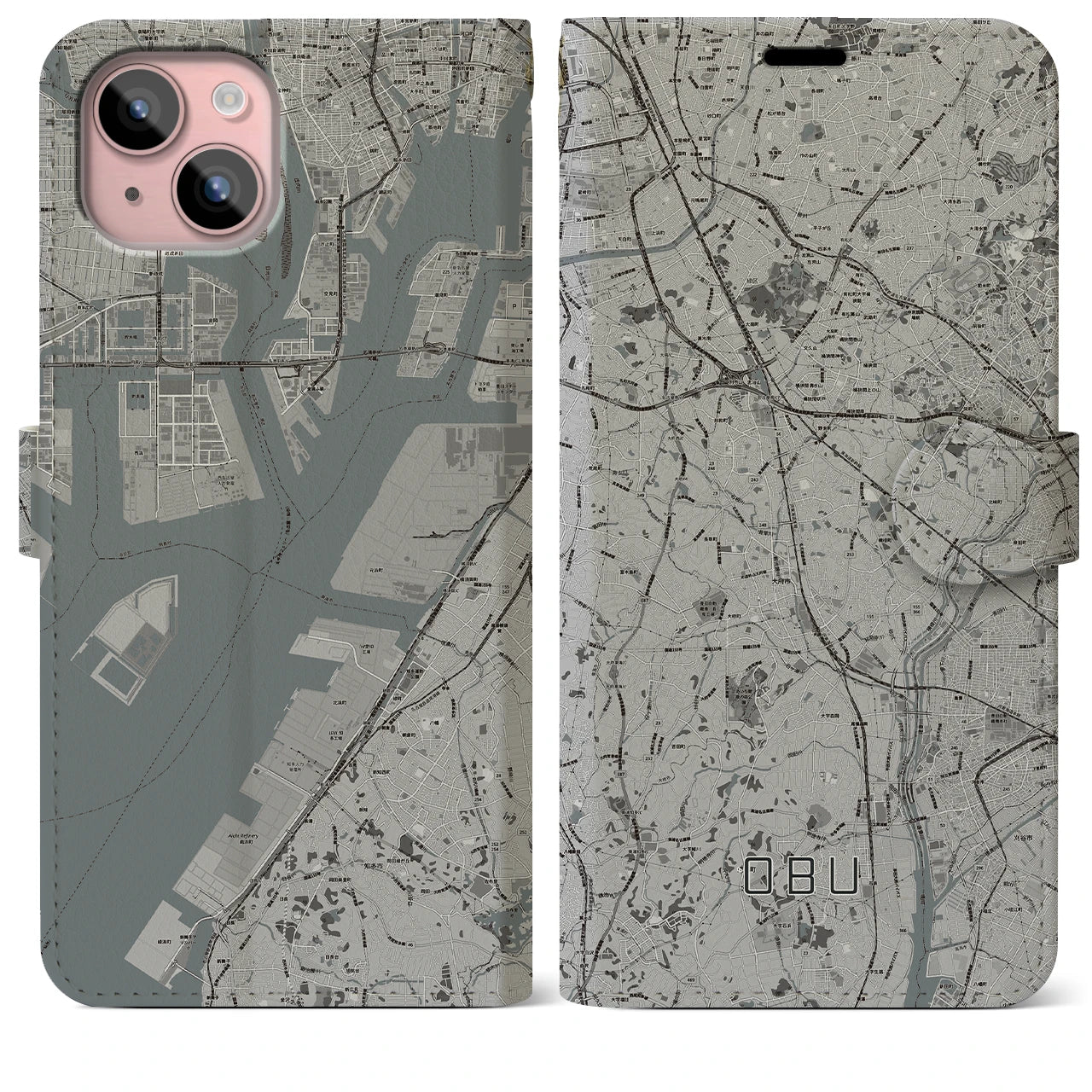 【大府(愛知県)】地図柄iPhoneケース(手帳タイプ)モノトーン・iPhone 15 Plus 用