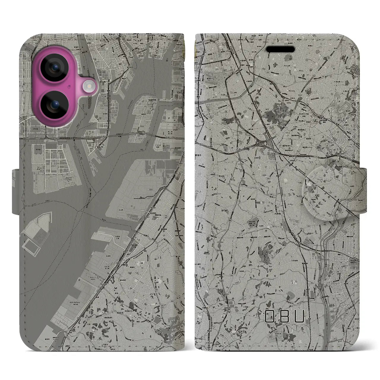 【大府(愛知県)】地図柄iPhoneケース(手帳タイプ)モノトーン・iPhone 16 Pro 用