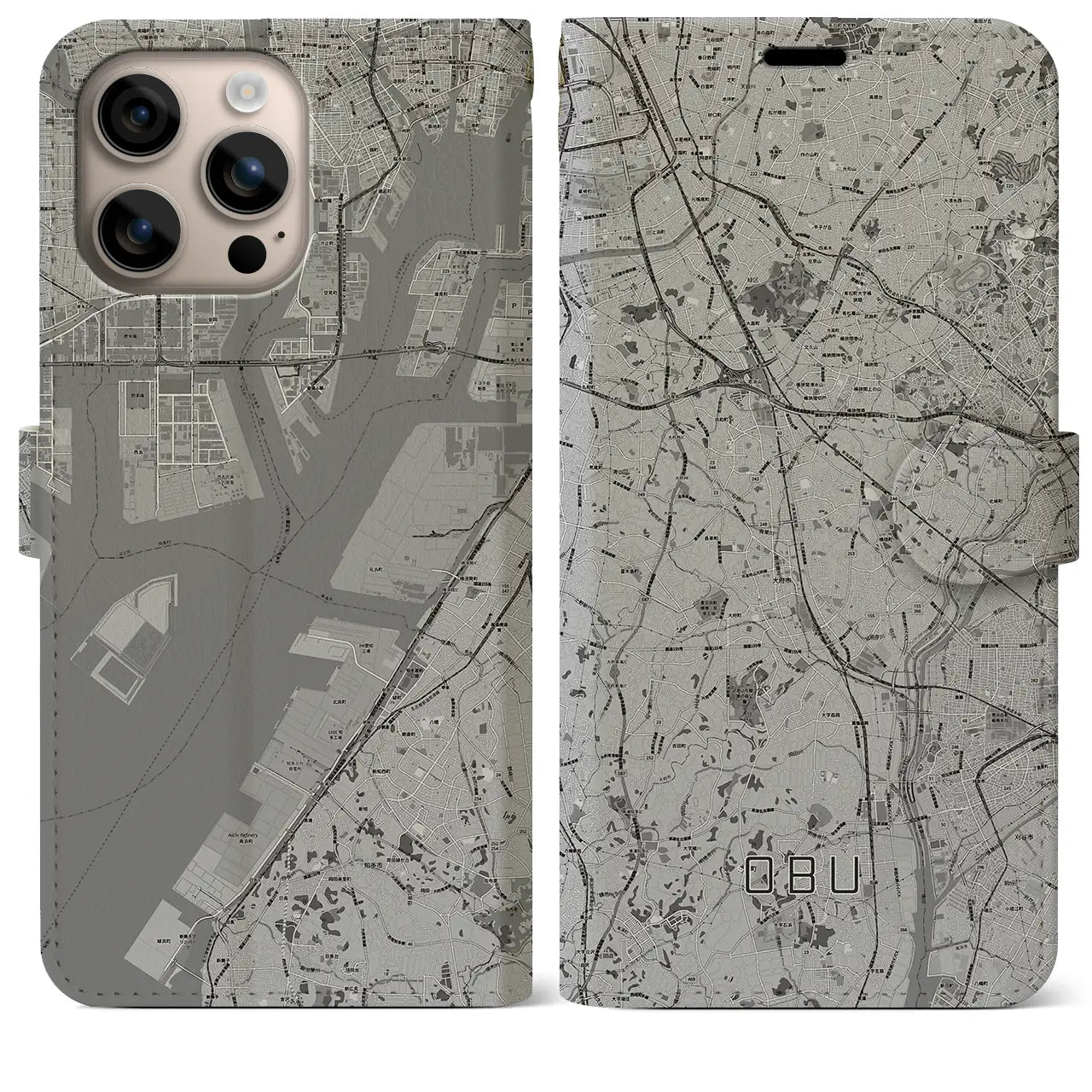 【大府(愛知県)】地図柄iPhoneケース(手帳タイプ)モノトーン・iPhone 16 Plus 用