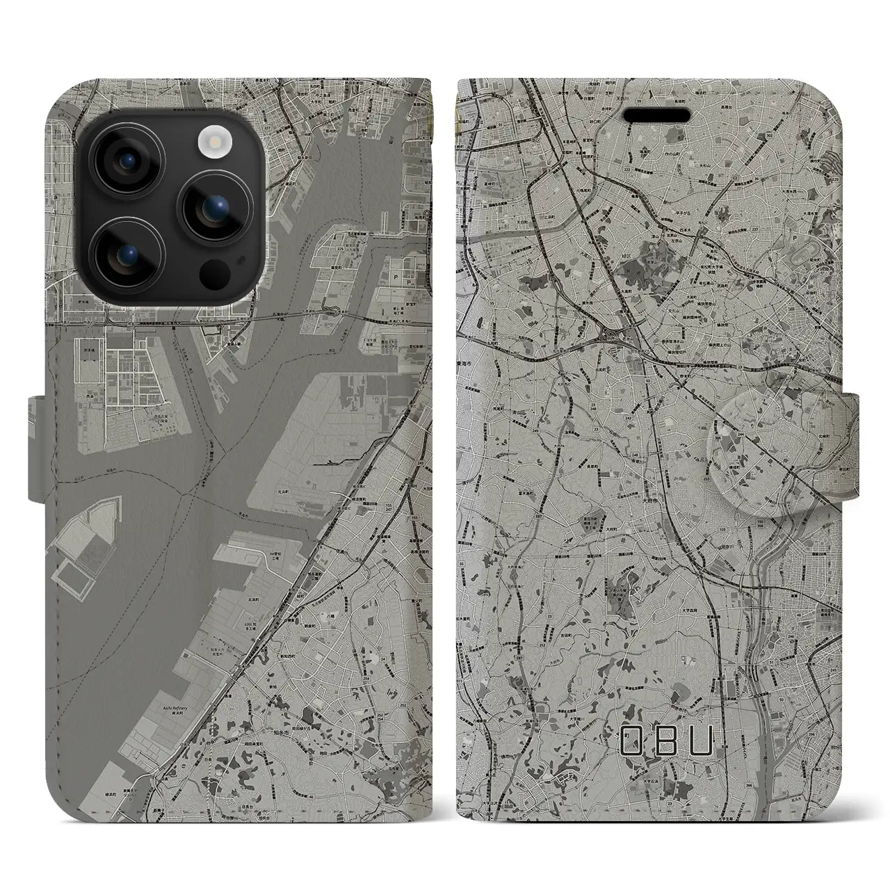 【大府(愛知県)】地図柄iPhoneケース(手帳タイプ)モノトーン・iPhone 16 用