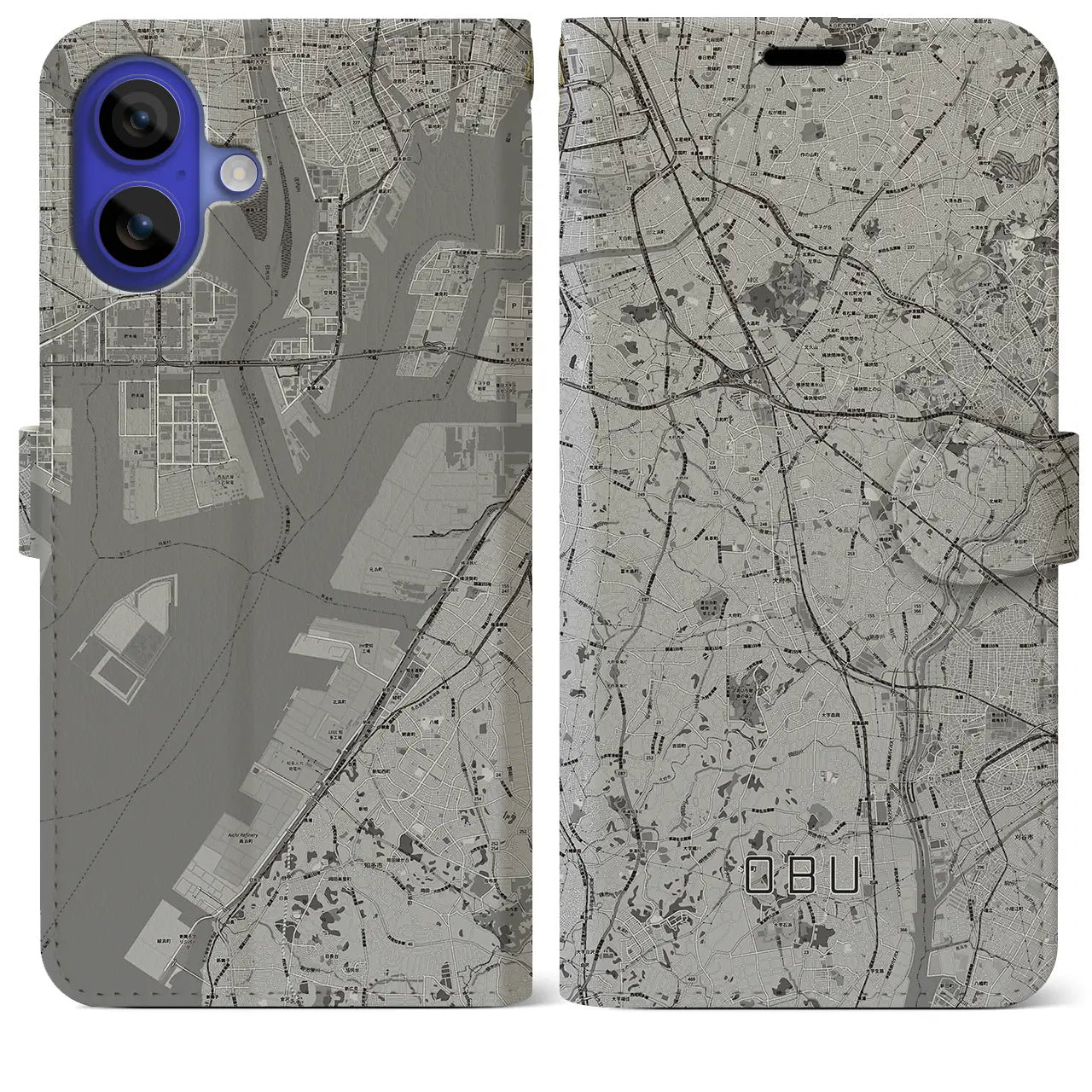 【大府(愛知県)】地図柄iPhoneケース(手帳タイプ)モノトーン・iPhone 16 Pro Max 用