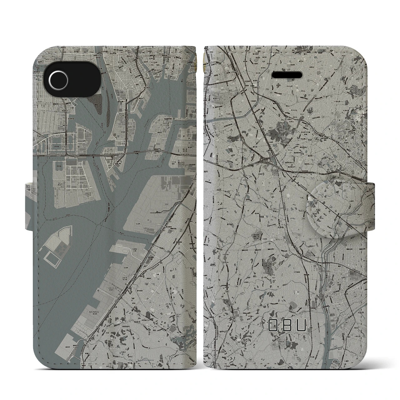 【大府(愛知県)】地図柄iPhoneケース(手帳タイプ)モノトーン・iPhone SE(第3 / 第2世代) / 8 / 7 / 6s / 6 用