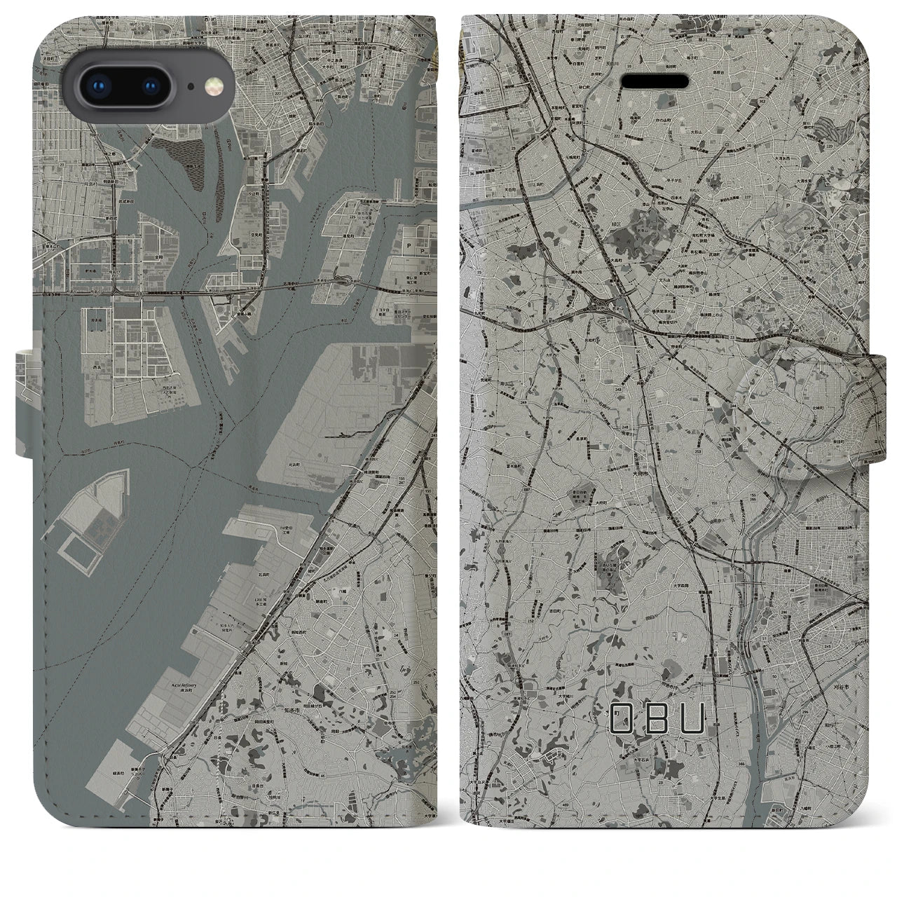 【大府(愛知県)】地図柄iPhoneケース(手帳タイプ)モノトーン・iPhone 8Plus /7Plus / 6sPlus / 6Plus 用