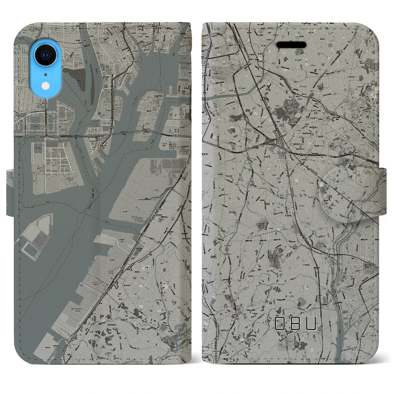 【大府(愛知県)】地図柄iPhoneケース(手帳タイプ)モノトーン・iPhone XR 用