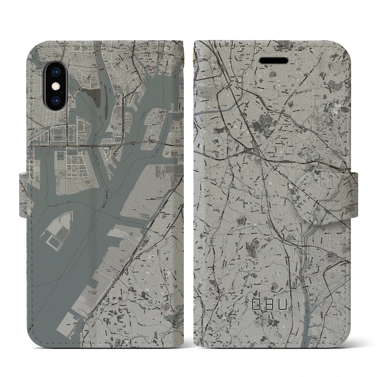 【大府(愛知県)】地図柄iPhoneケース(手帳タイプ)モノトーン・iPhone XS / X 用