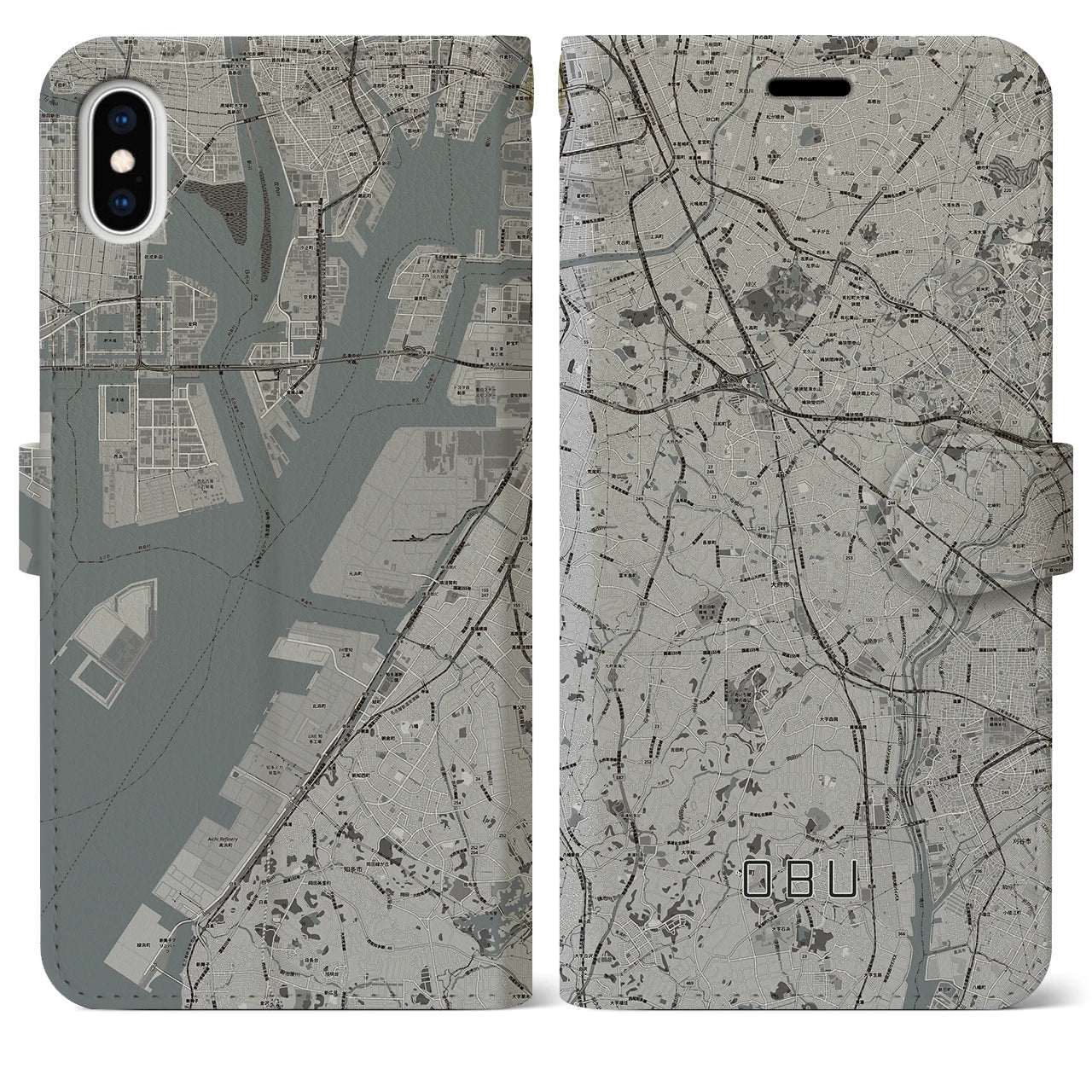 【大府(愛知県)】地図柄iPhoneケース(手帳タイプ)モノトーン・iPhone XS Max 用