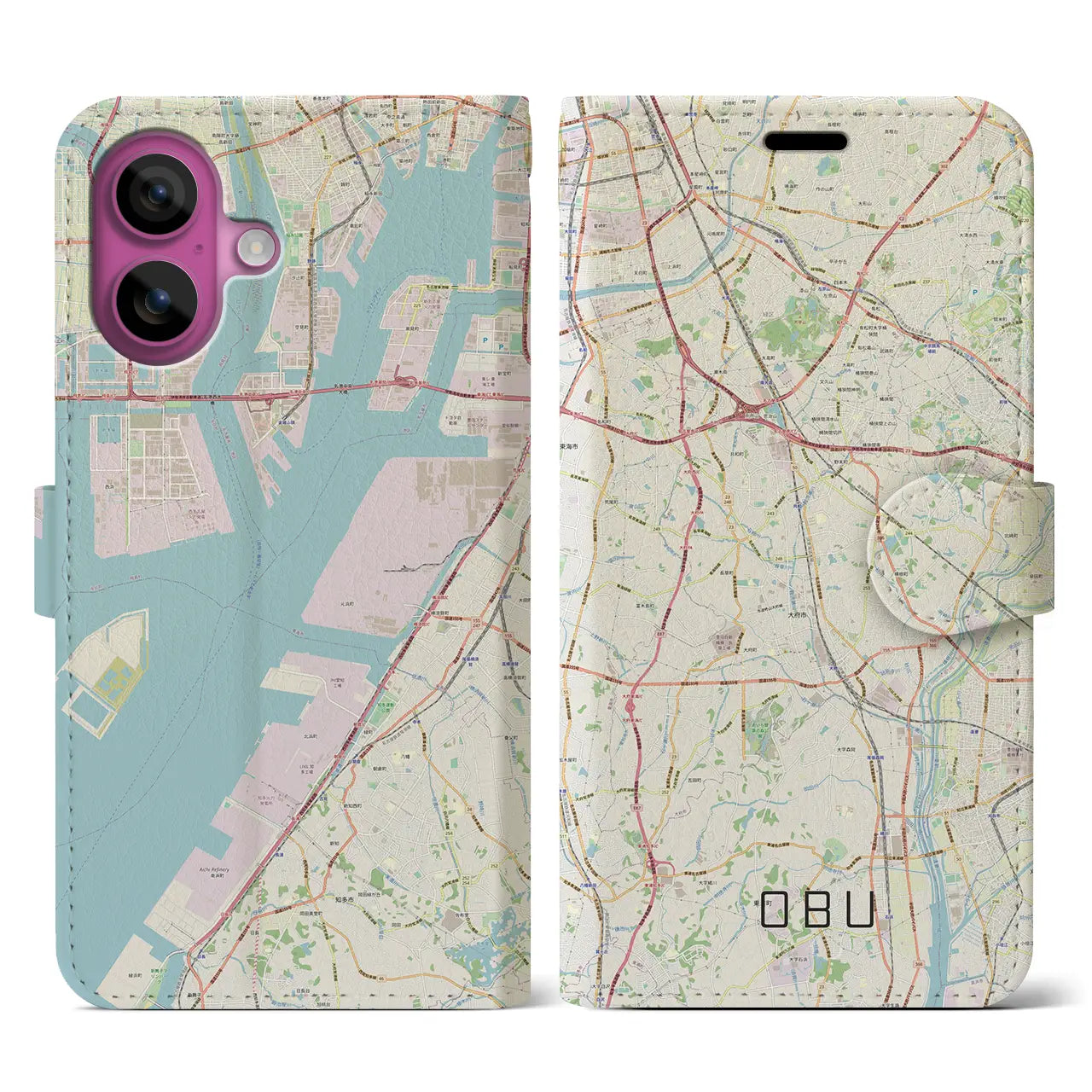 【大府(愛知県)】地図柄iPhoneケース(手帳タイプ)ナチュラル・iPhone 16 Pro 用