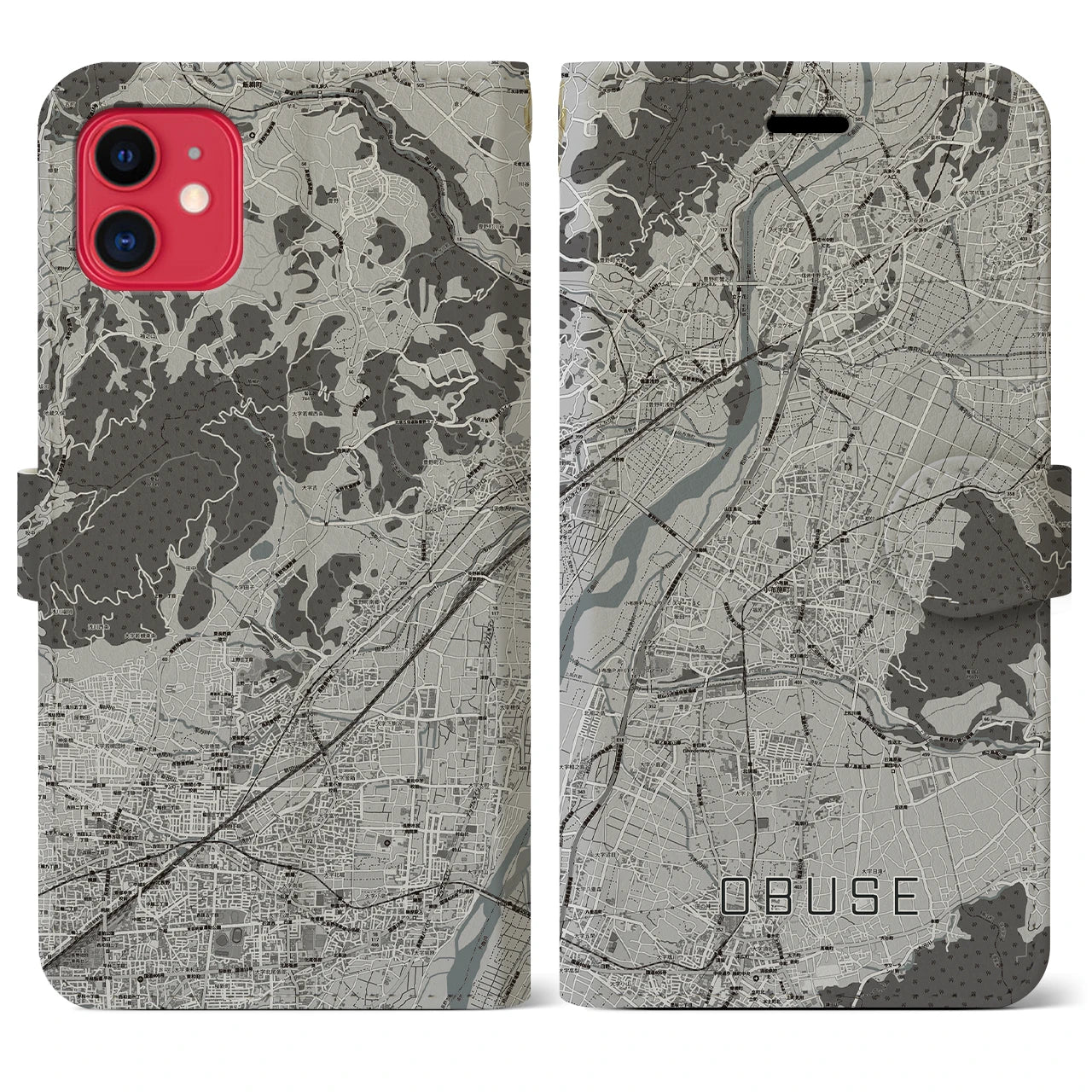 【小布施(長野県)】地図柄iPhoneケース(手帳タイプ)モノトーン・iPhone 11 用