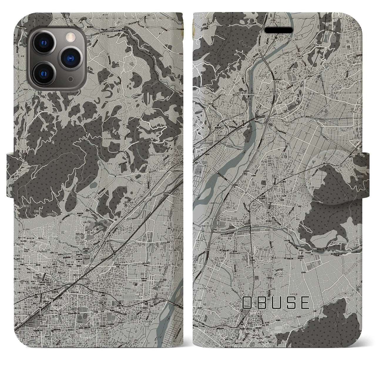 【小布施(長野県)】地図柄iPhoneケース(手帳タイプ)モノトーン・iPhone 11 Pro Max 用