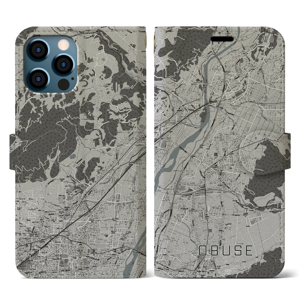 【小布施(長野県)】地図柄iPhoneケース(手帳タイプ)モノトーン・iPhone 12 / 12 Pro 用
