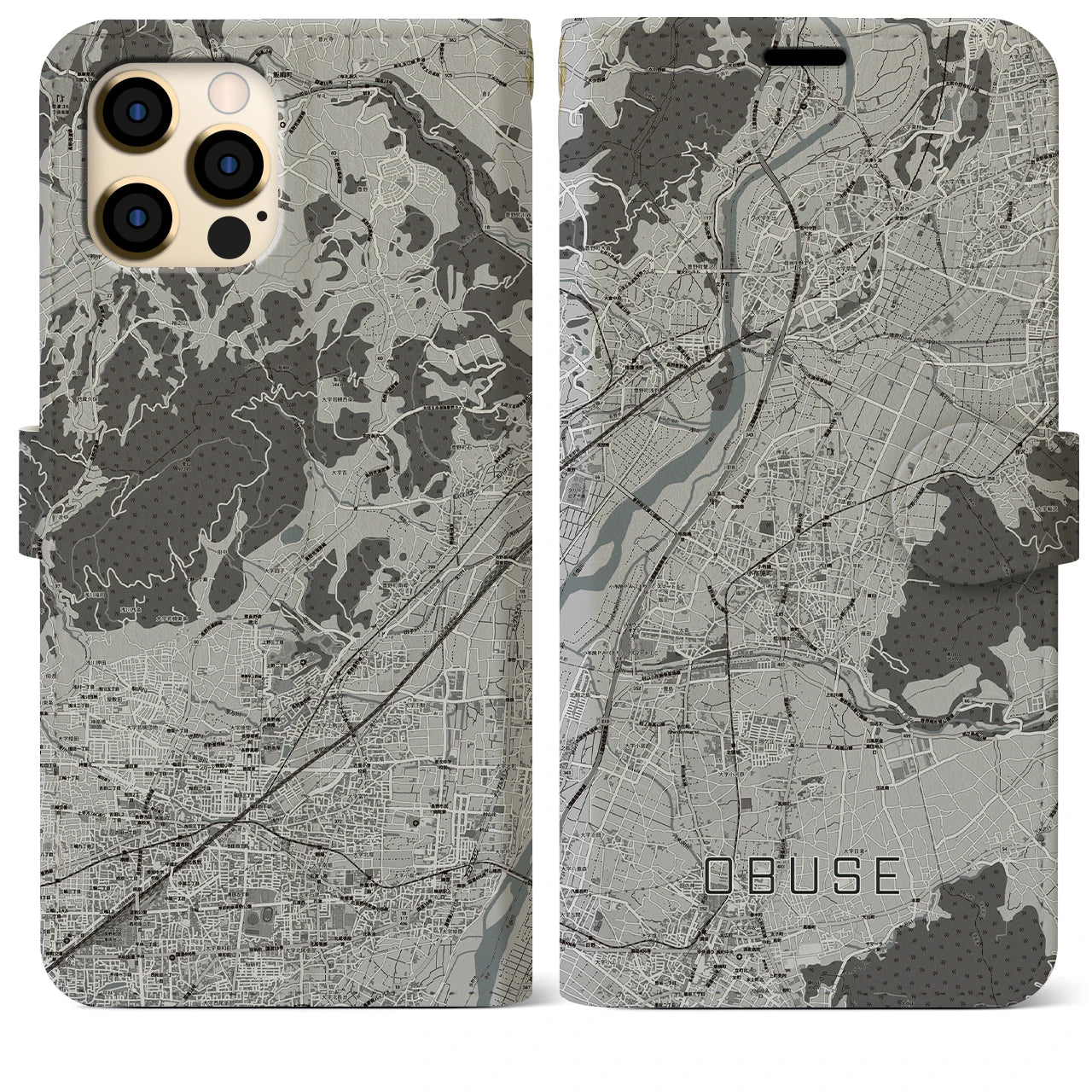 【小布施(長野県)】地図柄iPhoneケース(手帳タイプ)モノトーン・iPhone 12 Pro Max 用