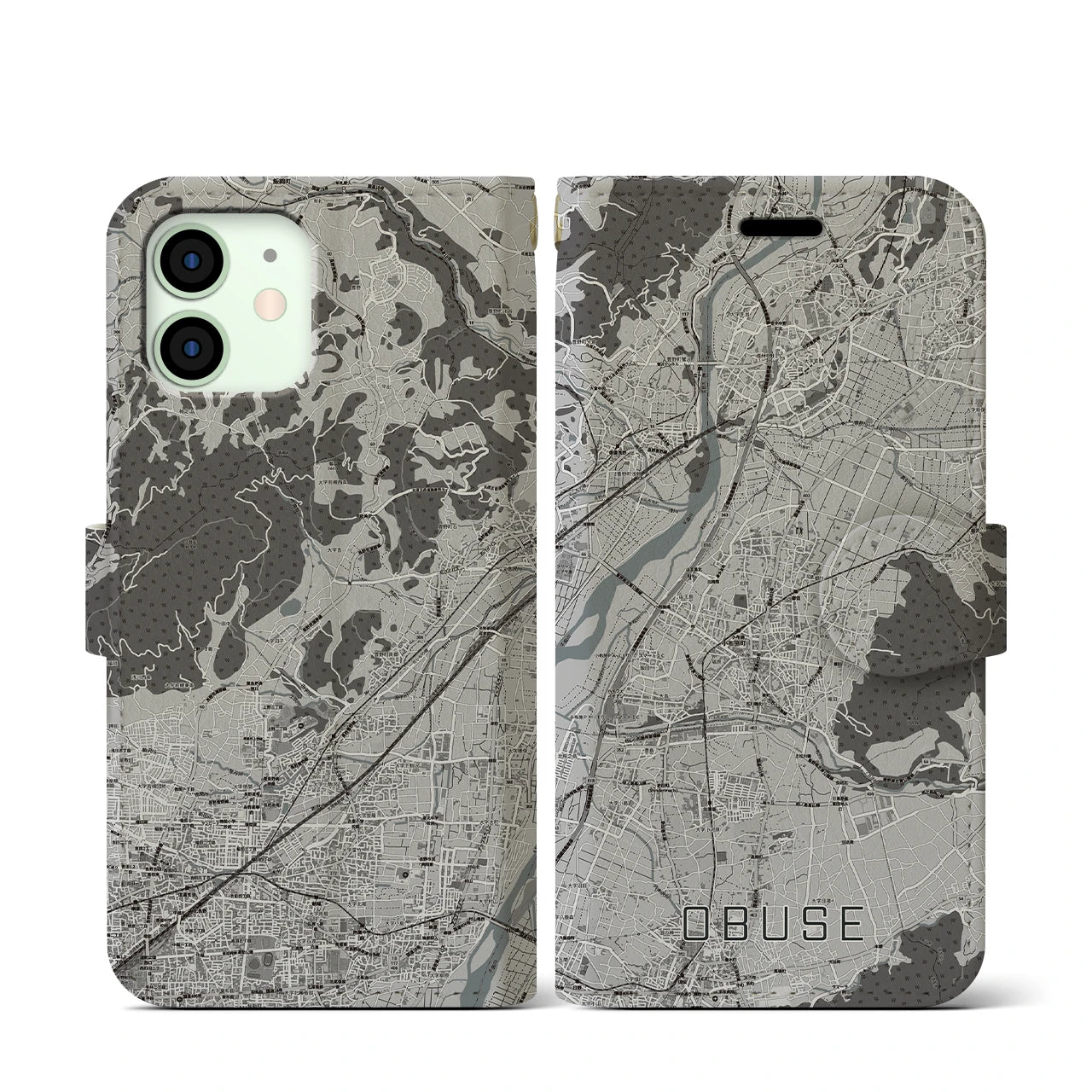 【小布施(長野県)】地図柄iPhoneケース(手帳タイプ)モノトーン・iPhone 12 mini 用