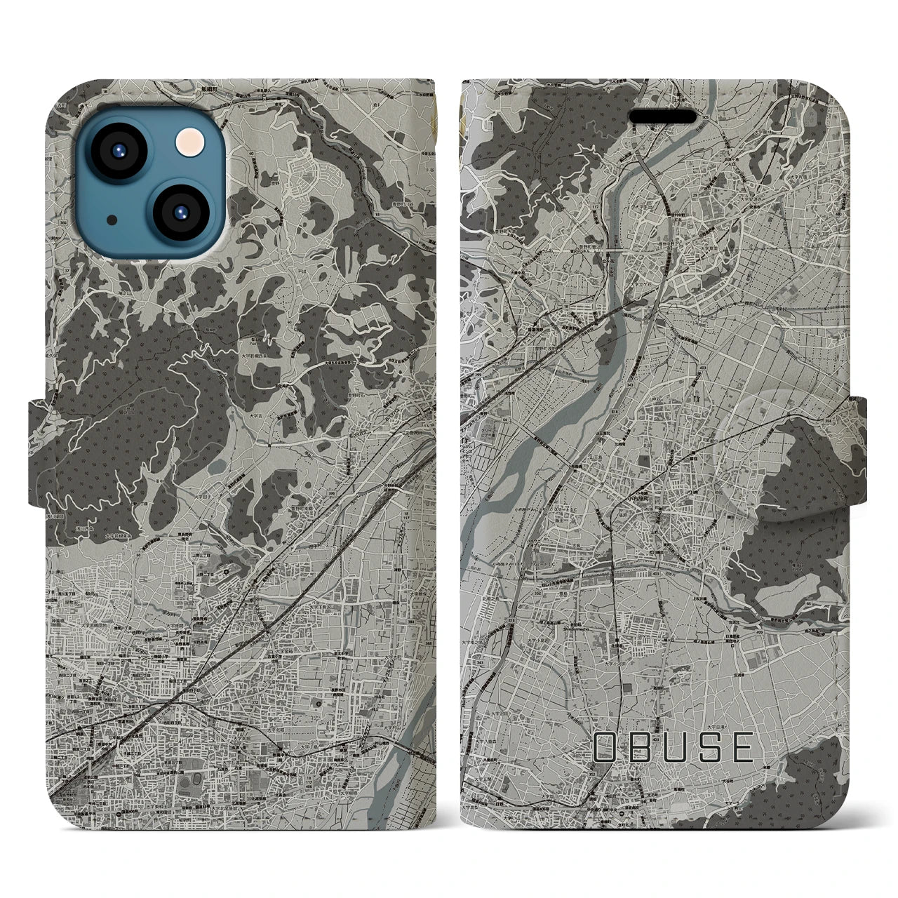 【小布施(長野県)】地図柄iPhoneケース(手帳タイプ)モノトーン・iPhone 13 用