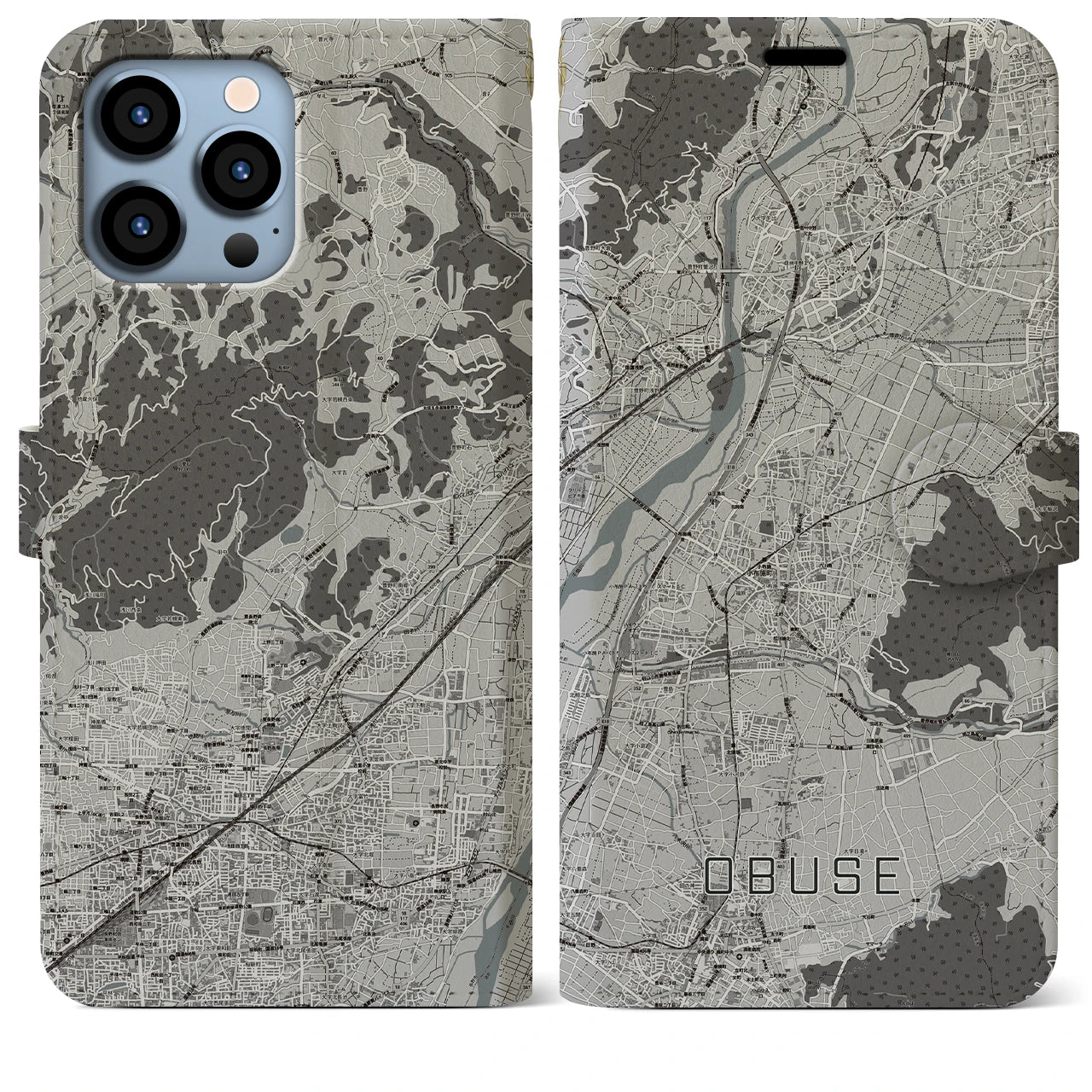 【小布施(長野県)】地図柄iPhoneケース(手帳タイプ)モノトーン・iPhone 13 Pro Max 用