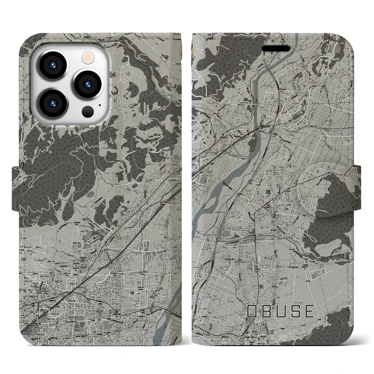 【小布施(長野県)】地図柄iPhoneケース(手帳タイプ)モノトーン・iPhone 13 Pro 用