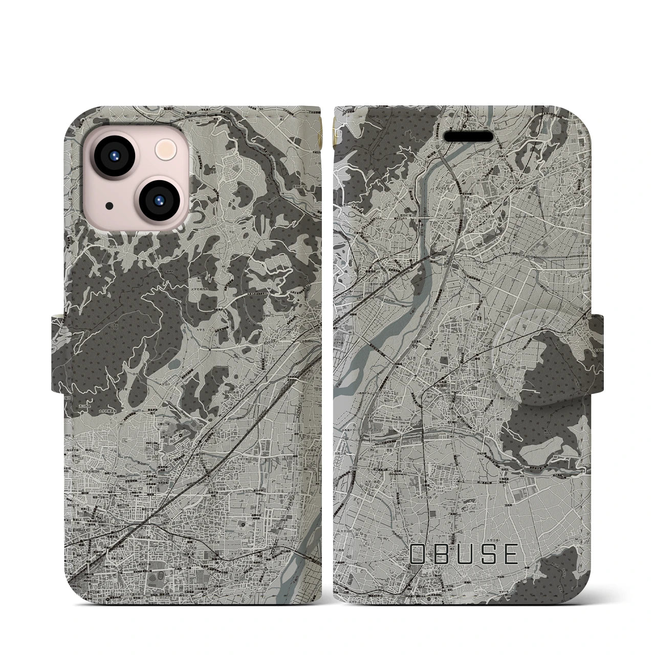 【小布施(長野県)】地図柄iPhoneケース(手帳タイプ)モノトーン・iPhone 13 mini 用