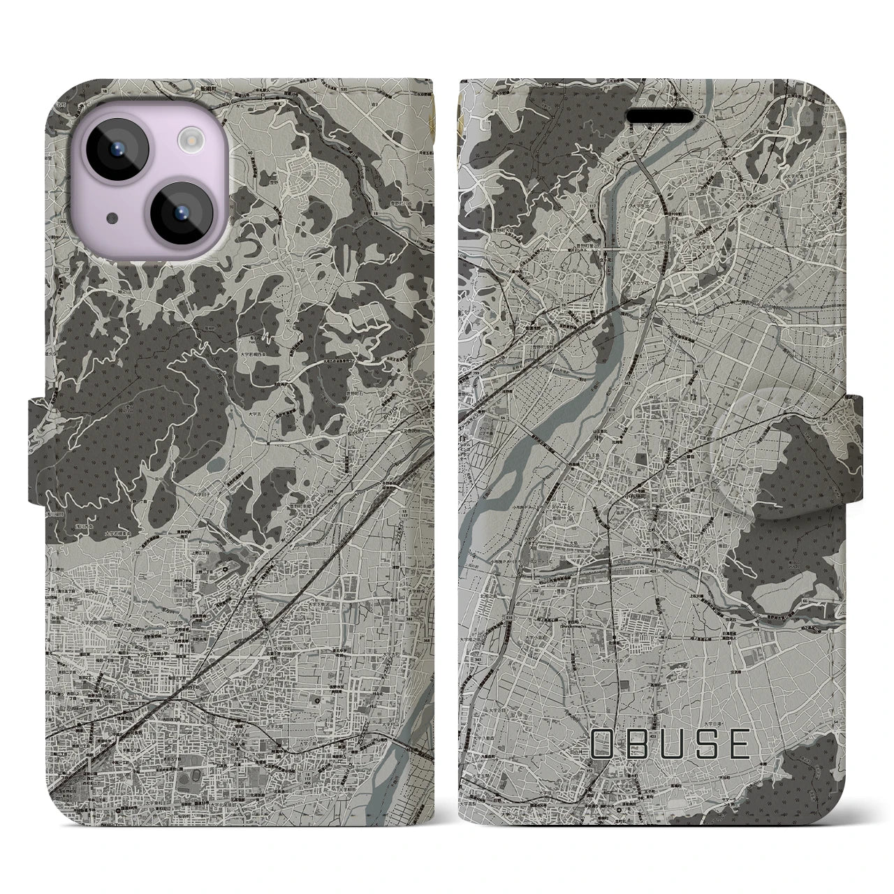 【小布施(長野県)】地図柄iPhoneケース(手帳タイプ)モノトーン・iPhone 14 用