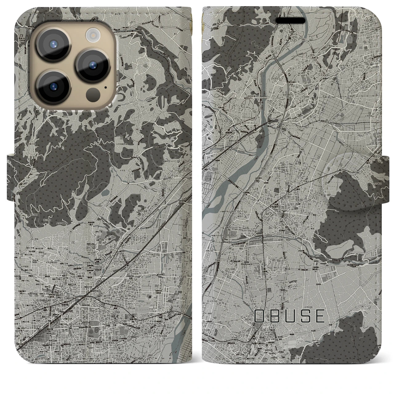 【小布施(長野県)】地図柄iPhoneケース(手帳タイプ)モノトーン・iPhone 14 Pro Max 用