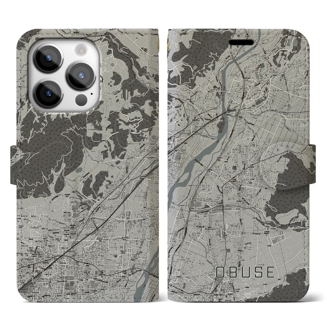 【小布施(長野県)】地図柄iPhoneケース(手帳タイプ)モノトーン・iPhone 14 Pro 用