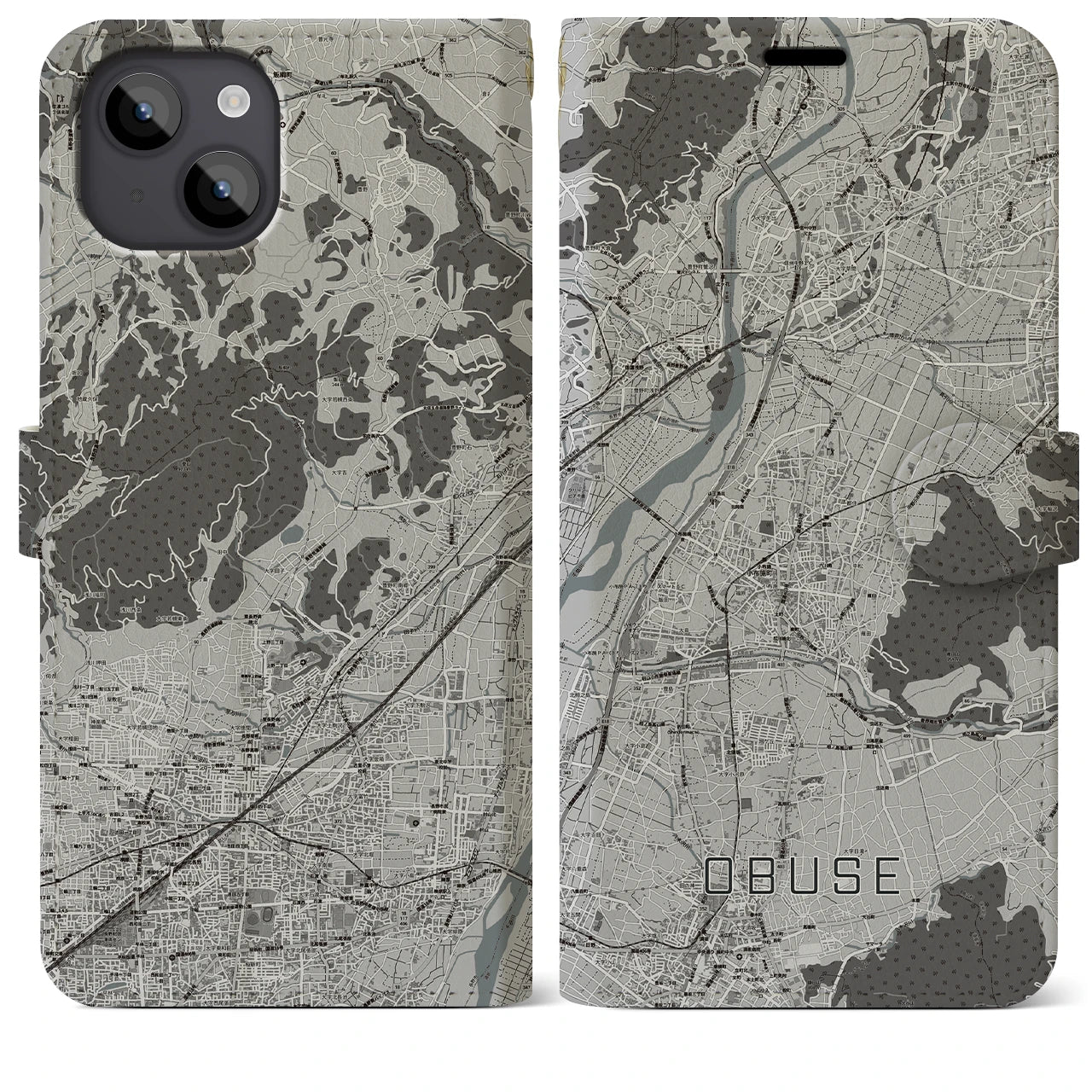 【小布施(長野県)】地図柄iPhoneケース(手帳タイプ)モノトーン・iPhone 14 Plus 用