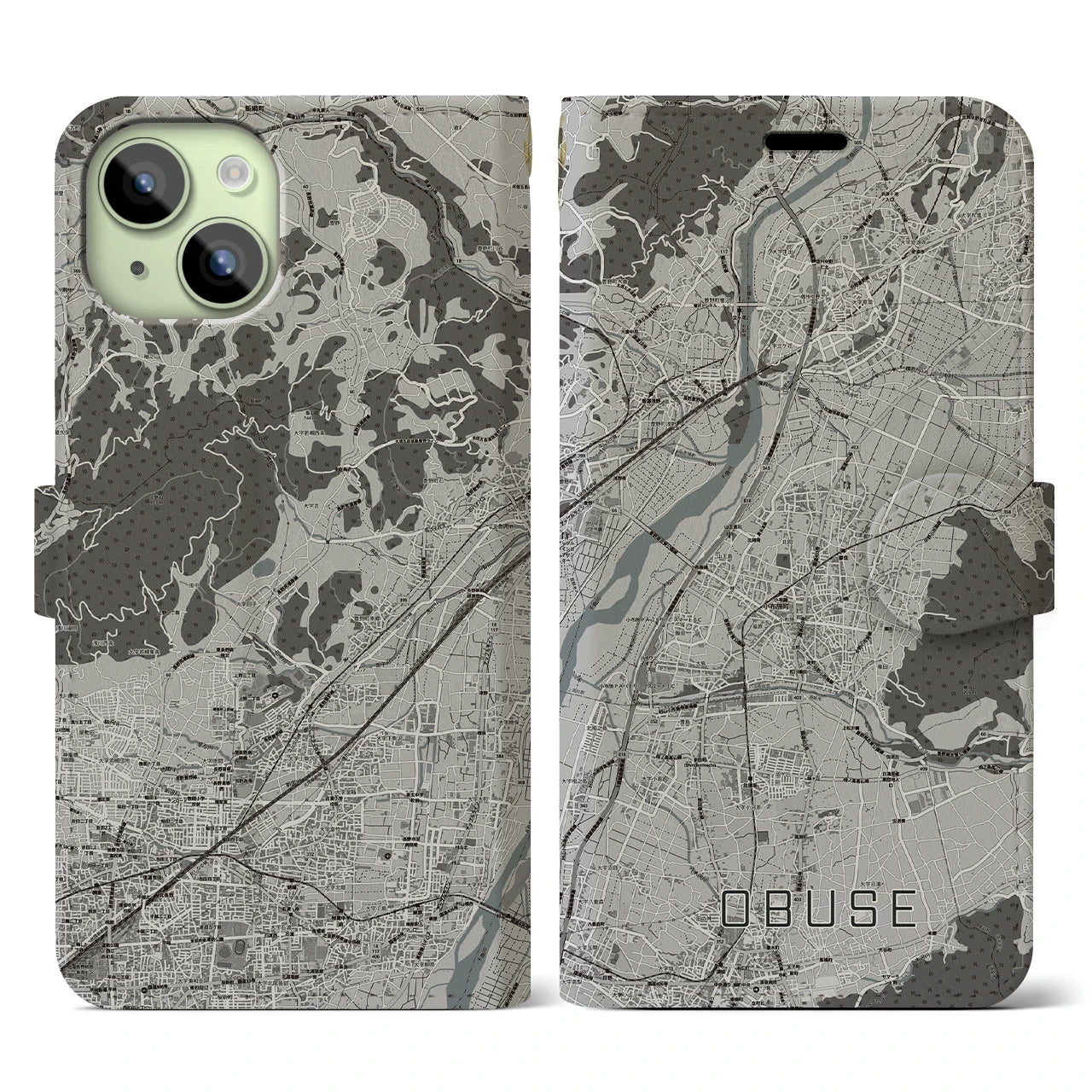 【小布施(長野県)】地図柄iPhoneケース(手帳タイプ)モノトーン・iPhone 15 用
