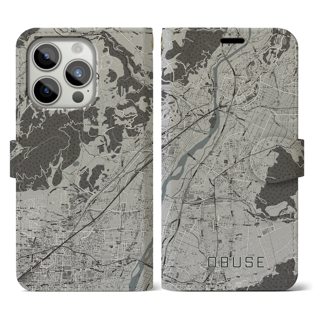 【小布施(長野県)】地図柄iPhoneケース(手帳タイプ)モノトーン・iPhone 15 Pro 用