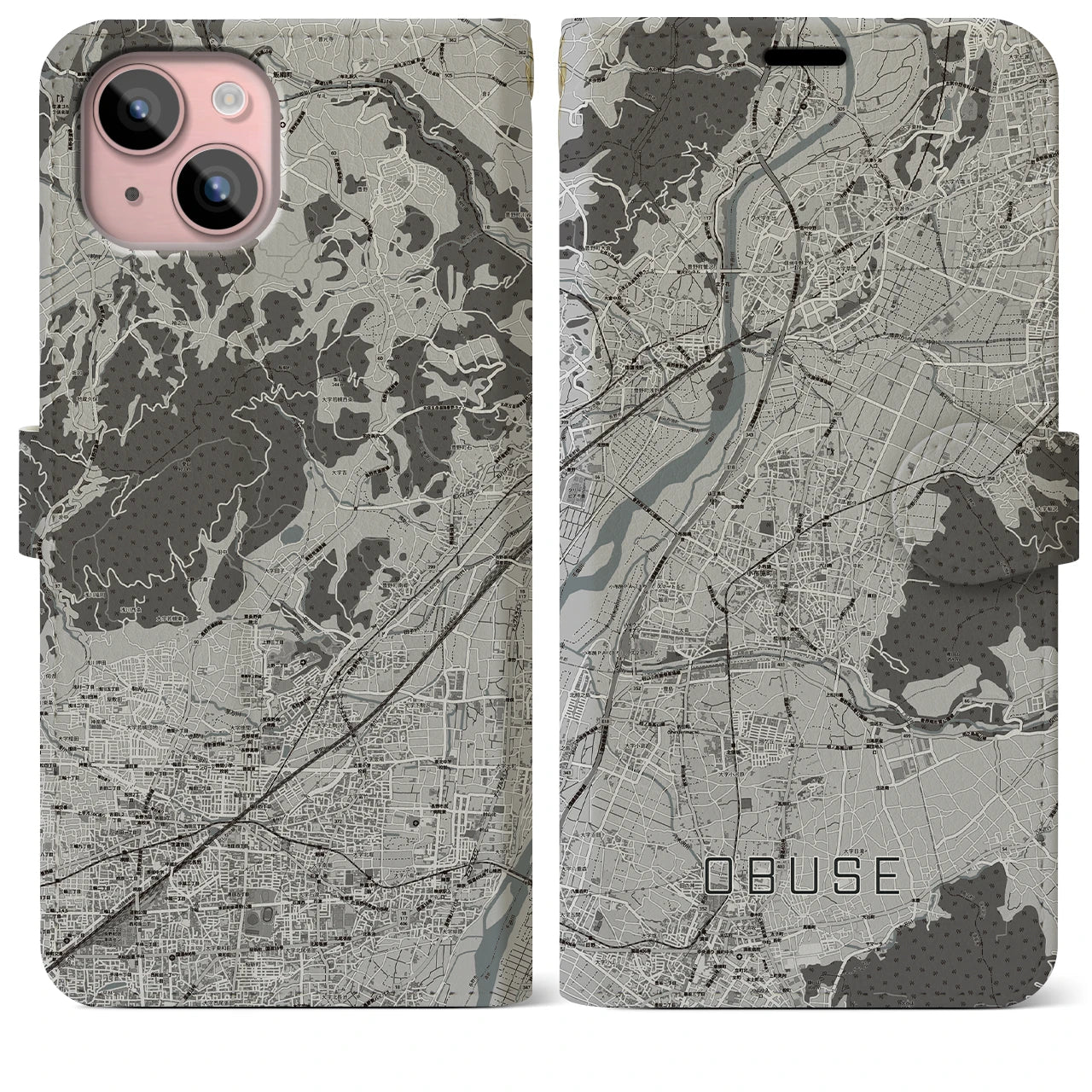【小布施(長野県)】地図柄iPhoneケース(手帳タイプ)モノトーン・iPhone 15 Plus 用