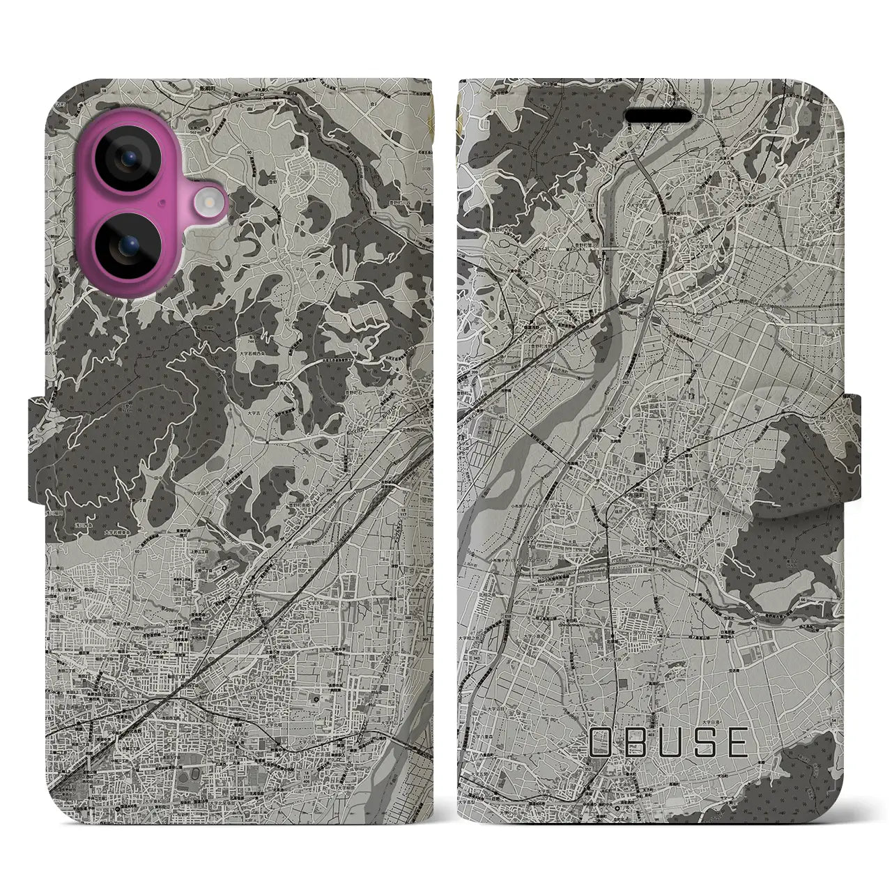 【小布施(長野県)】地図柄iPhoneケース(手帳タイプ)モノトーン・iPhone 16 Pro 用
