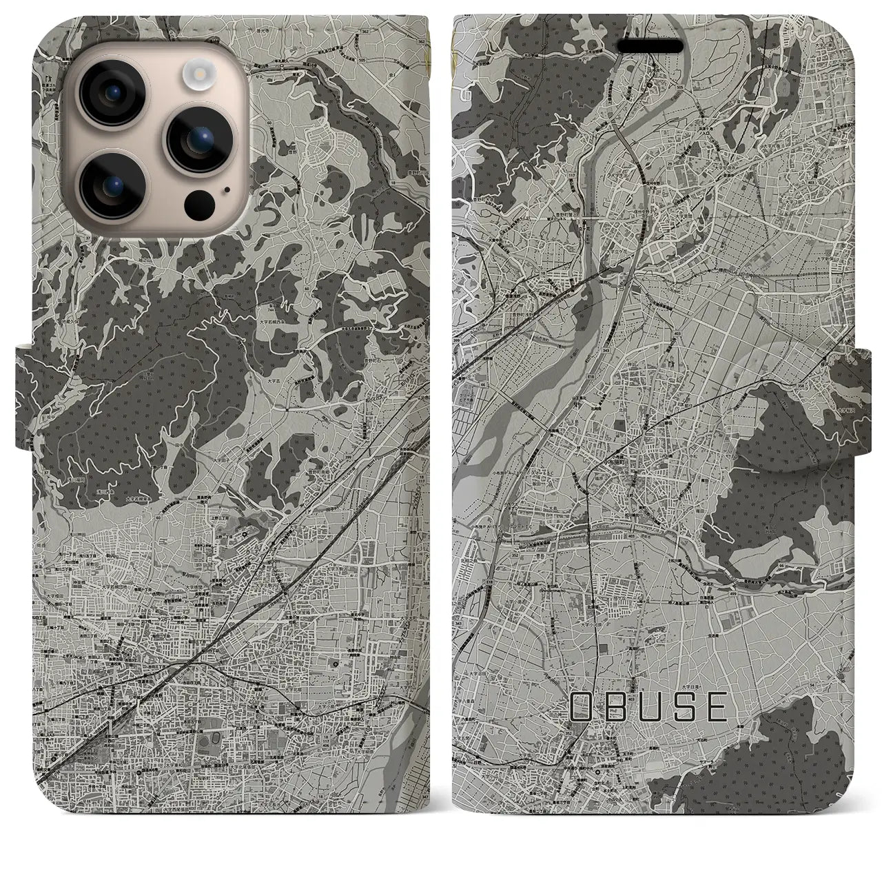 【小布施(長野県)】地図柄iPhoneケース(手帳タイプ)モノトーン・iPhone 16 Plus 用