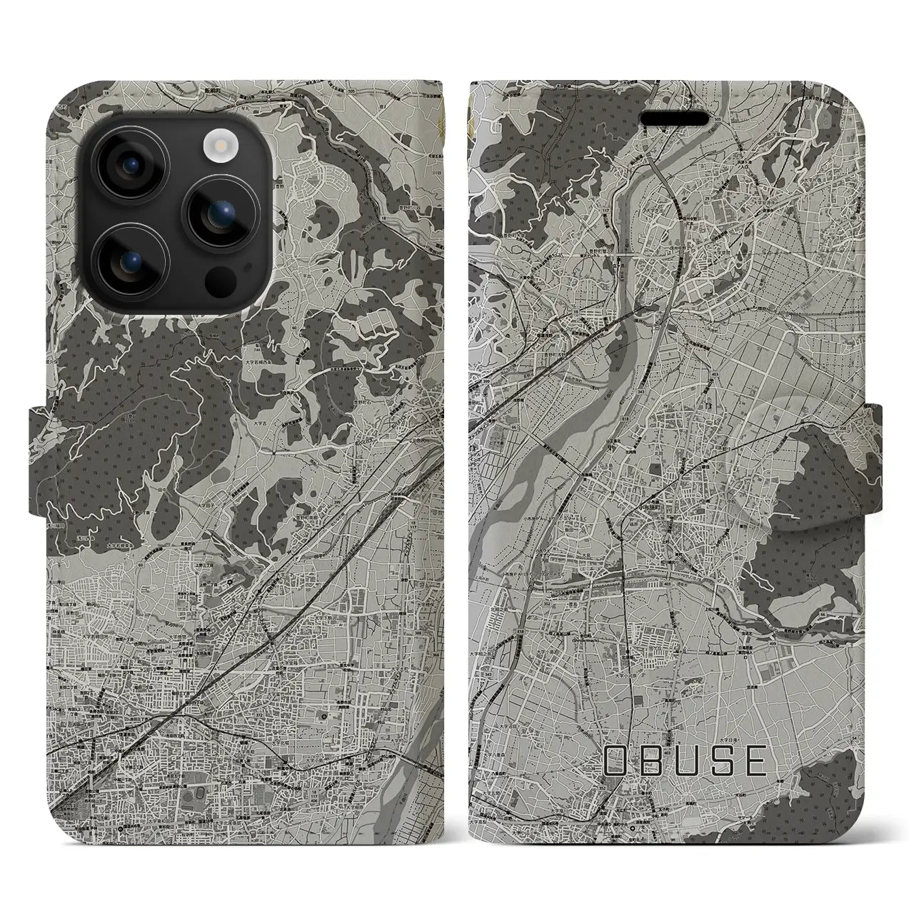 【小布施(長野県)】地図柄iPhoneケース(手帳タイプ)モノトーン・iPhone 16 用