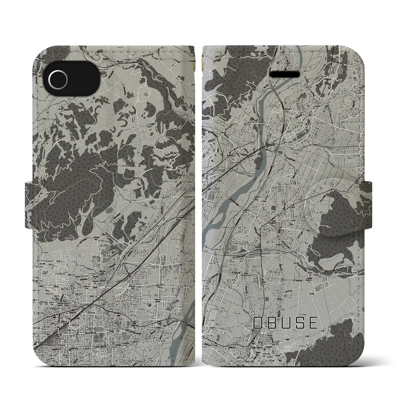 【小布施(長野県)】地図柄iPhoneケース(手帳タイプ)モノトーン・iPhone SE(第3 / 第2世代) / 8 / 7 / 6s / 6 用