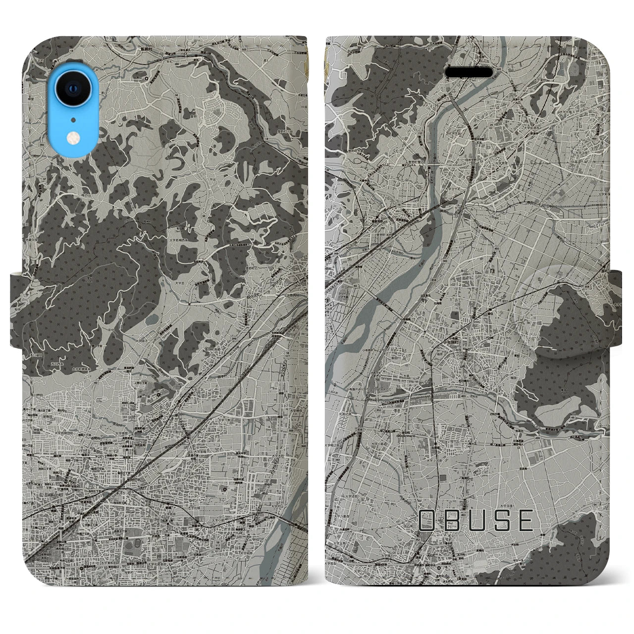 【小布施(長野県)】地図柄iPhoneケース(手帳タイプ)モノトーン・iPhone XR 用