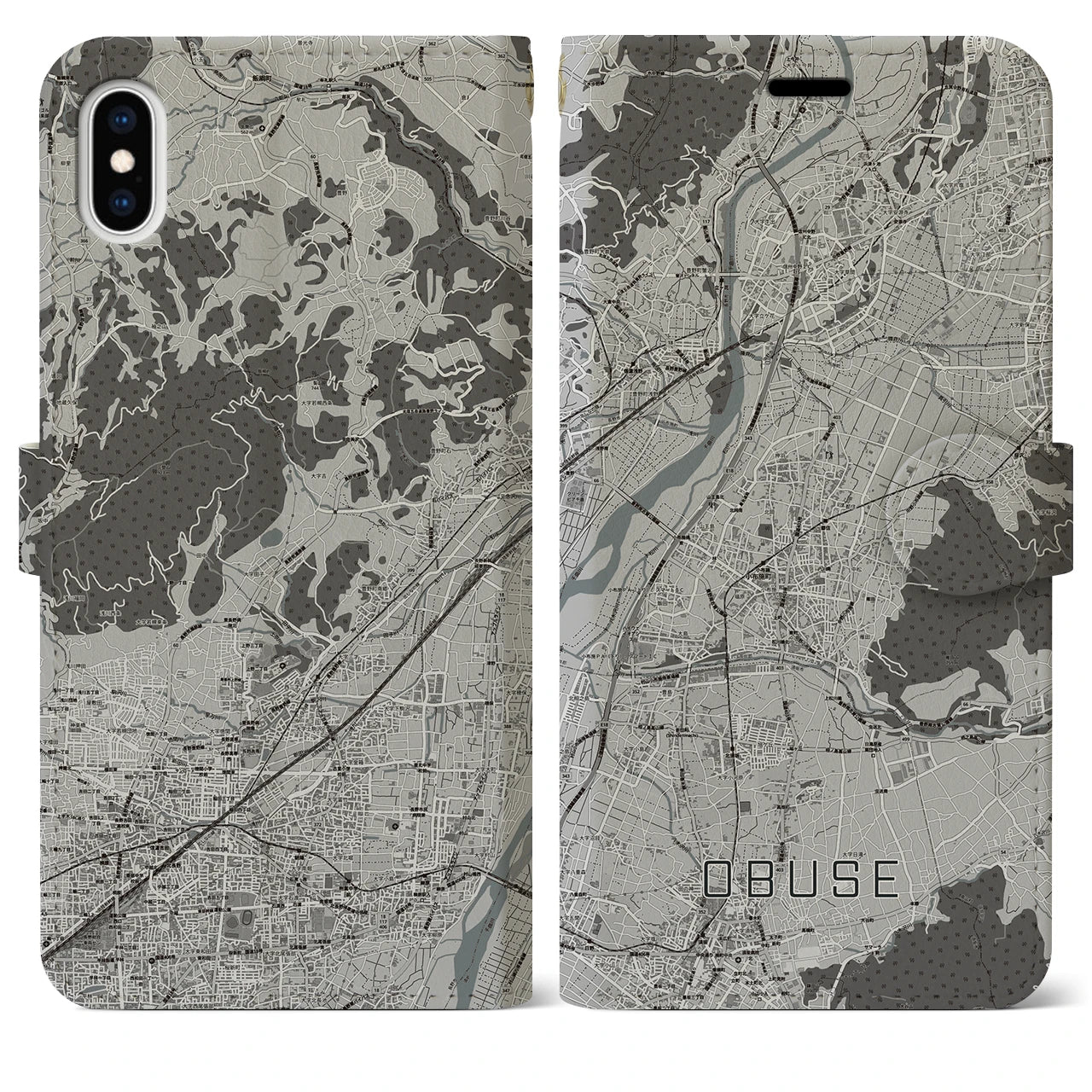 【小布施(長野県)】地図柄iPhoneケース(手帳タイプ)モノトーン・iPhone XS Max 用