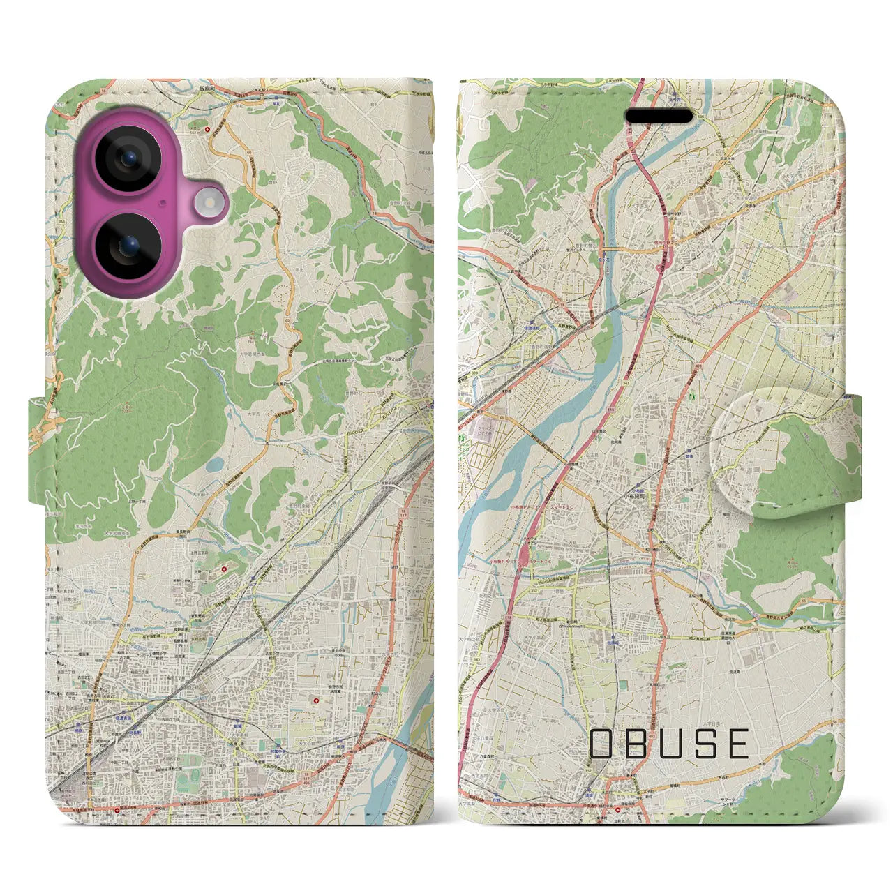 【小布施(長野県)】地図柄iPhoneケース(手帳タイプ)ナチュラル・iPhone 16 Pro 用