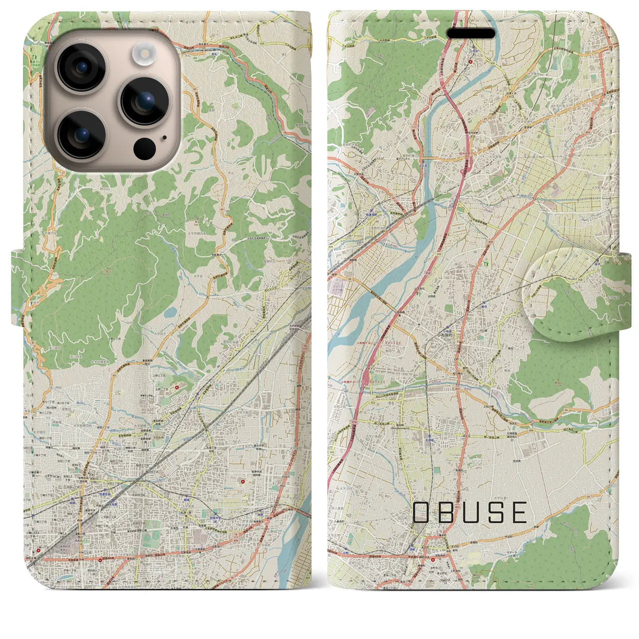 【小布施(長野県)】地図柄iPhoneケース(手帳タイプ)ナチュラル・iPhone 16 Plus 用